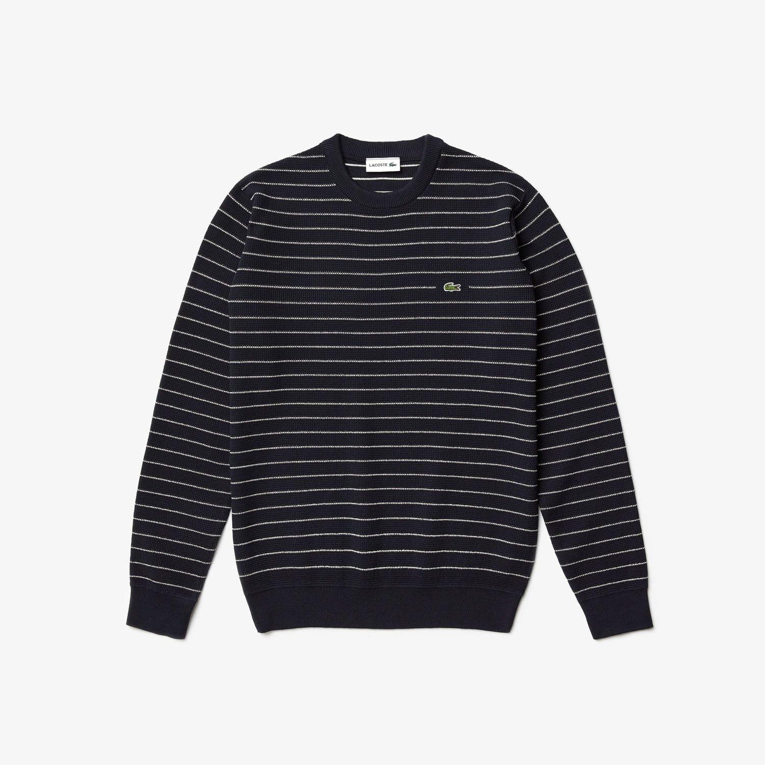 Navy - Lacoste - Striped Textured Cotton Sweater - 1