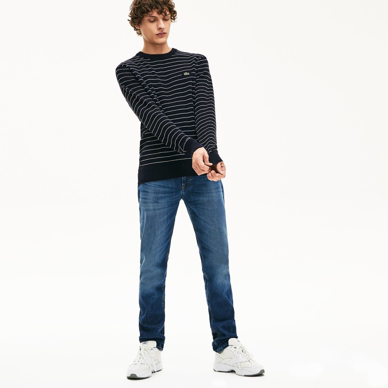 Navy - Lacoste - Striped Textured Cotton Sweater - 2
