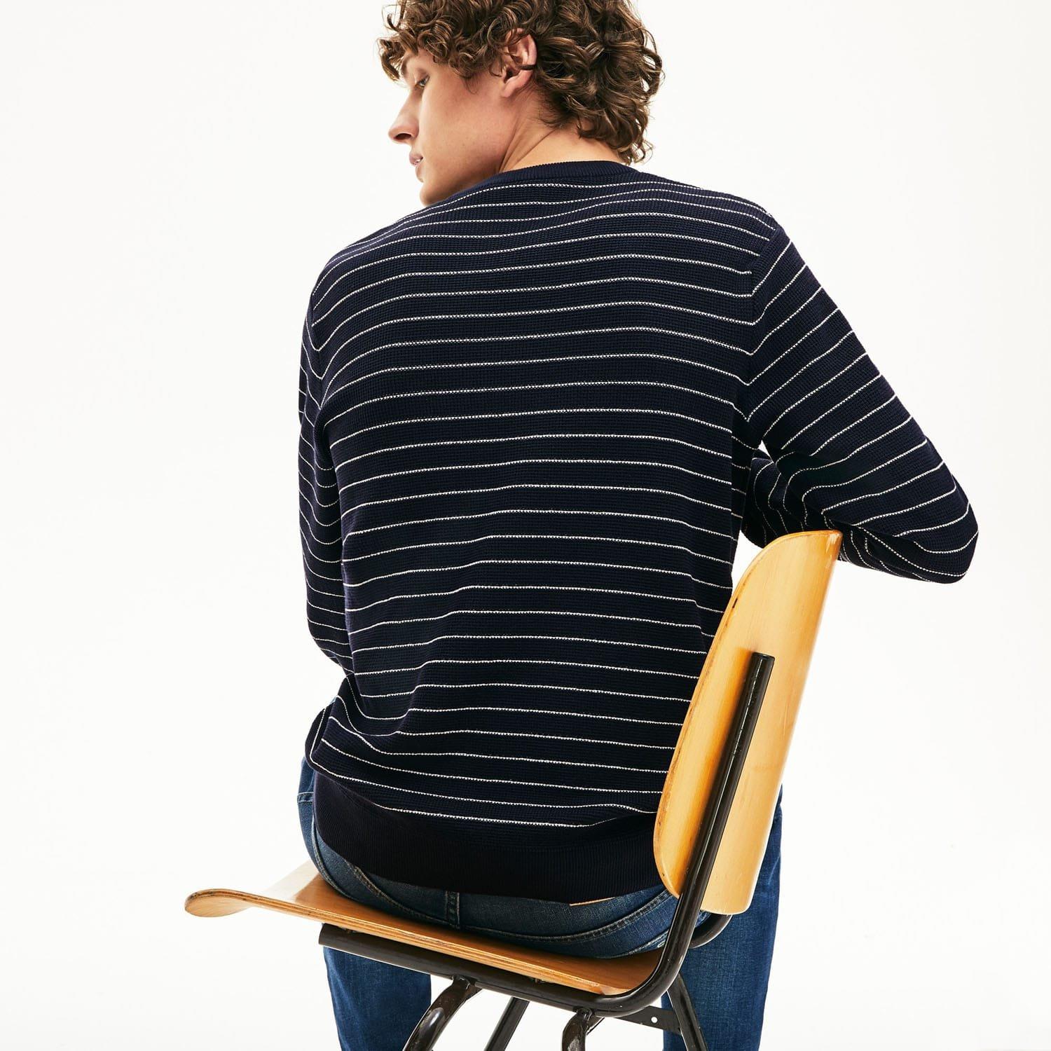 Navy - Lacoste - Striped Textured Cotton Sweater - 3