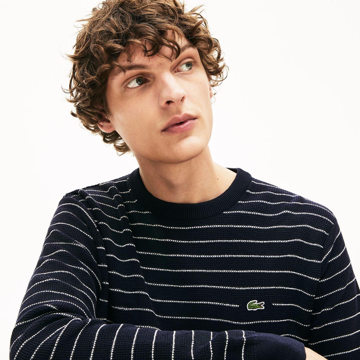 Navy - Lacoste - Striped Textured Cotton Sweater - 4