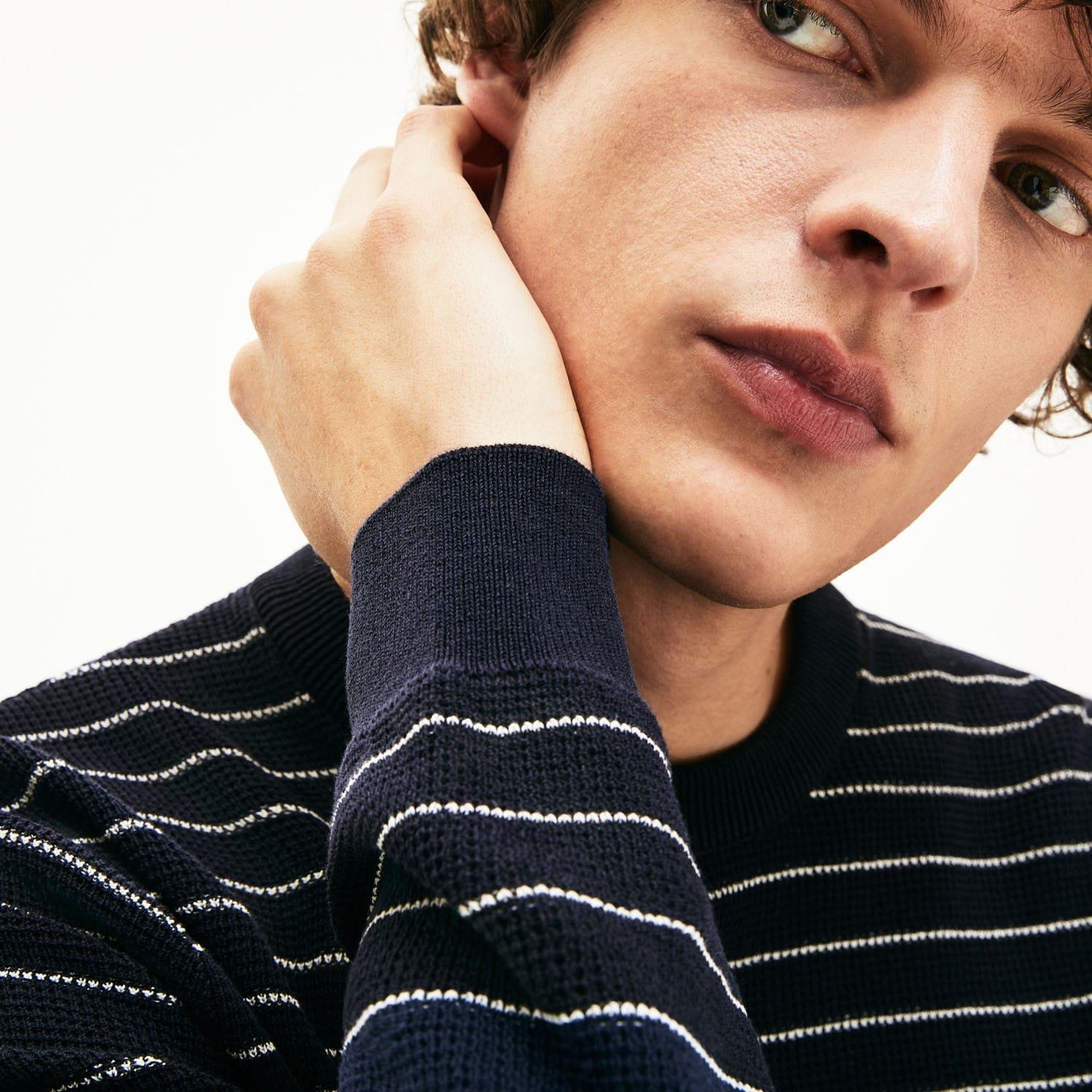 Navy - Lacoste - Striped Textured Cotton Sweater - 5