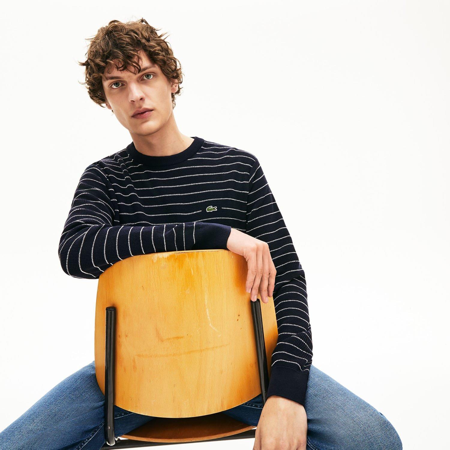 Navy - Lacoste - Striped Textured Cotton Sweater - 6