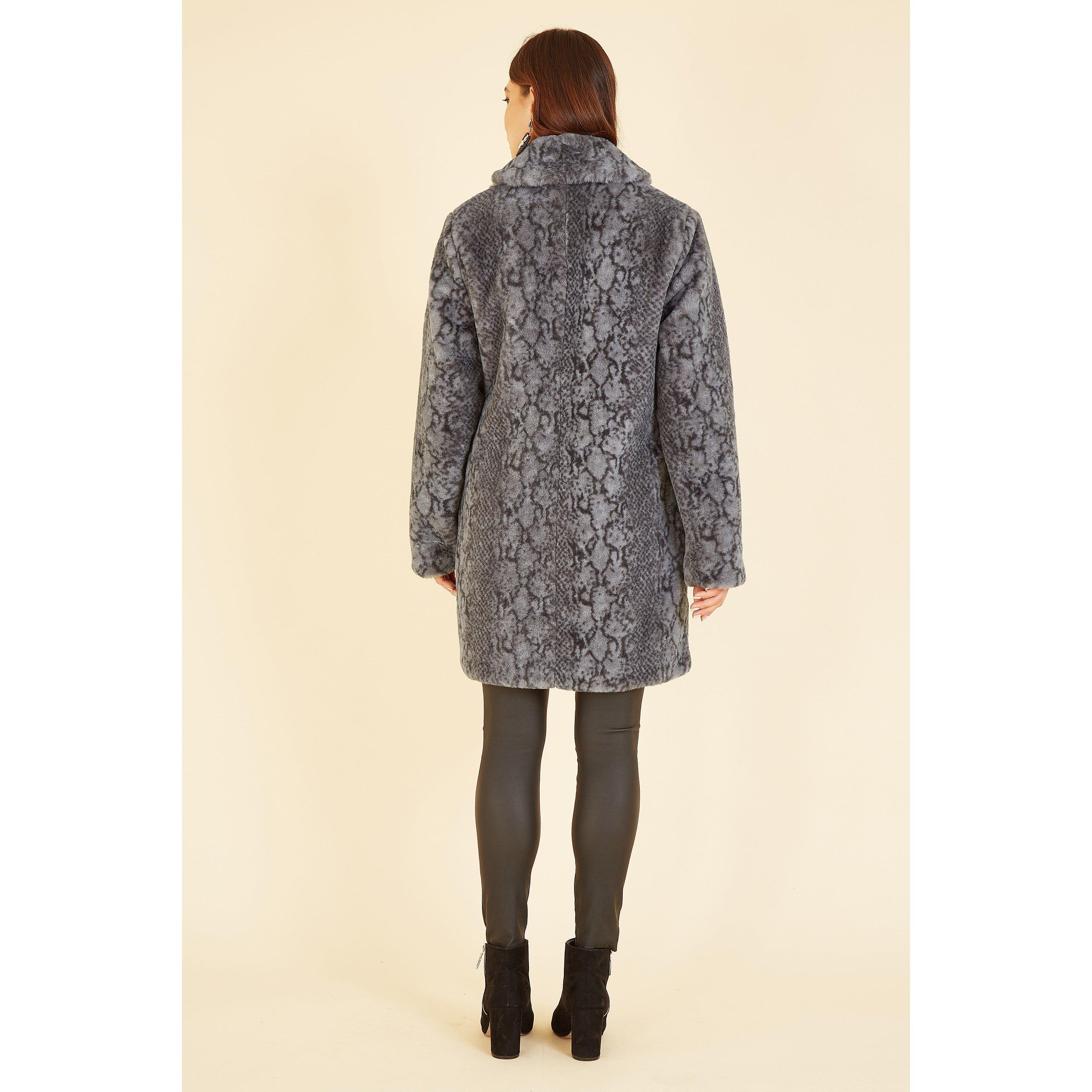 Grey - Yumi - Grey Snakeskin Print Faux Fur Coat - 3