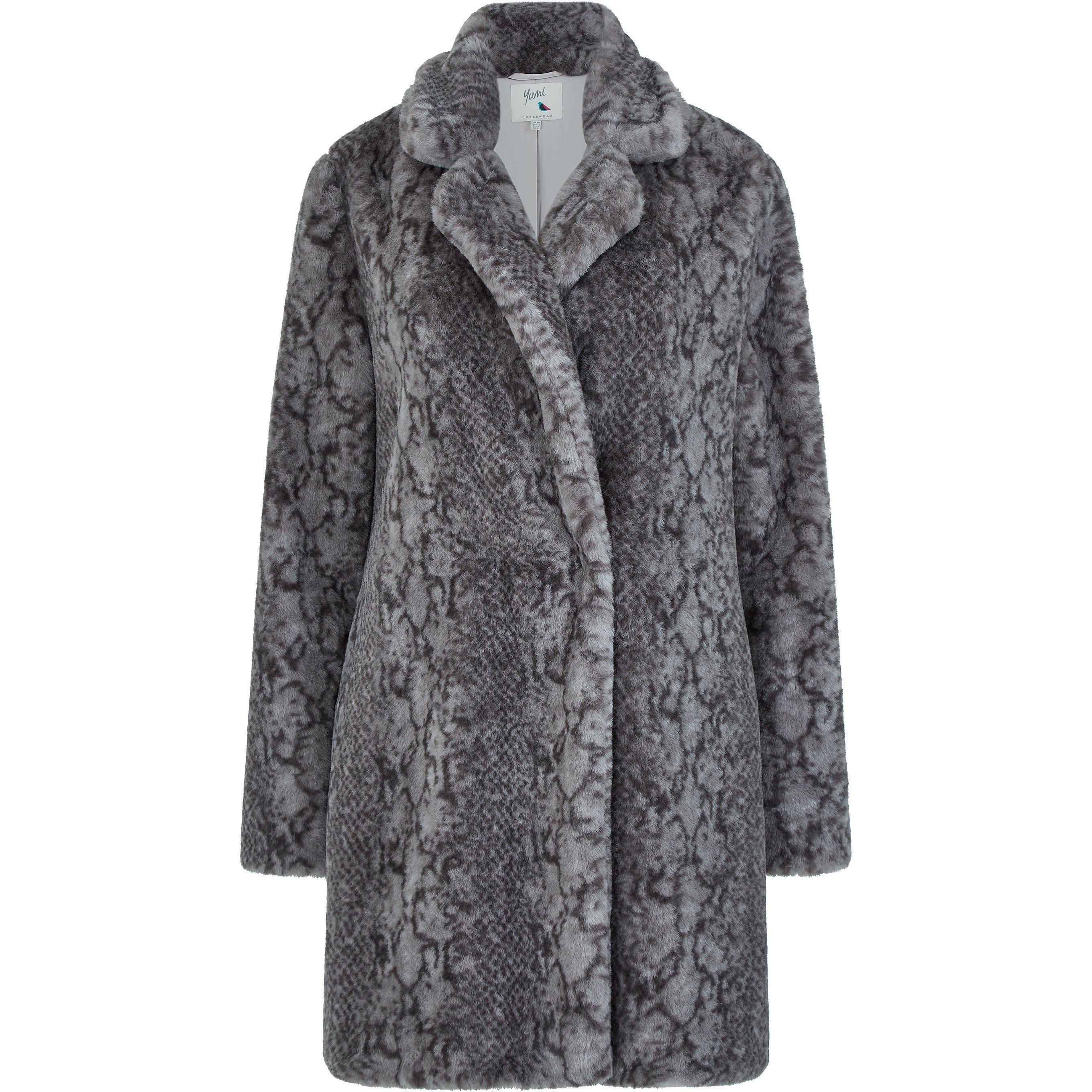 Grey - Yumi - Grey Snakeskin Print Faux Fur Coat - 4