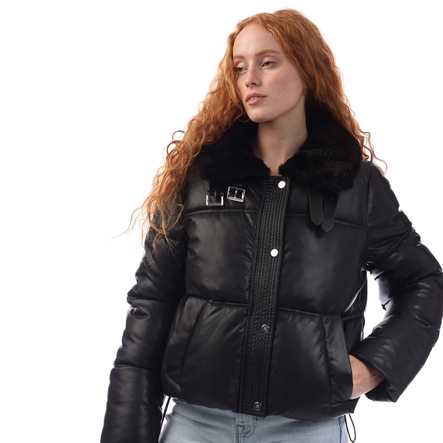 Black - DKNY - Zip Front with Collar Puffer Jacket - 2