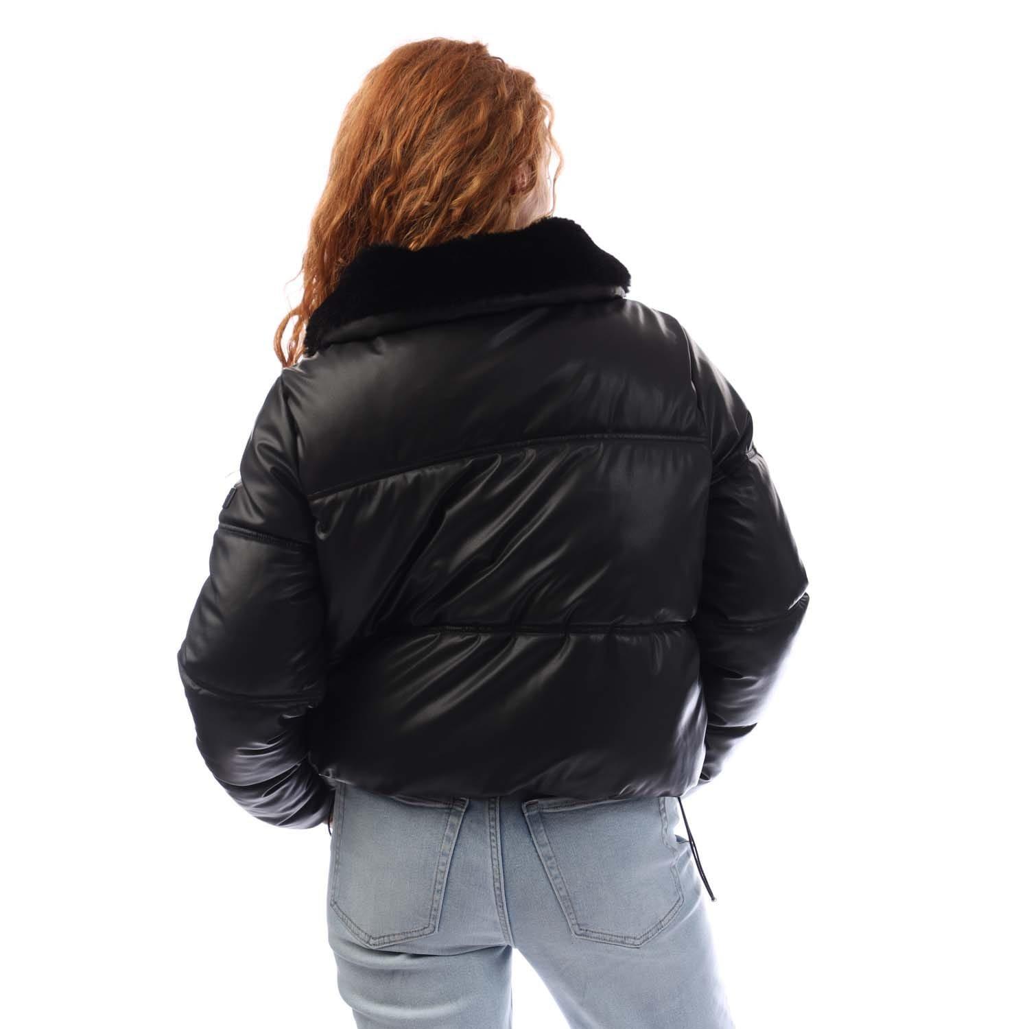 Black - DKNY - Zip Front with Collar Puffer Jacket - 3