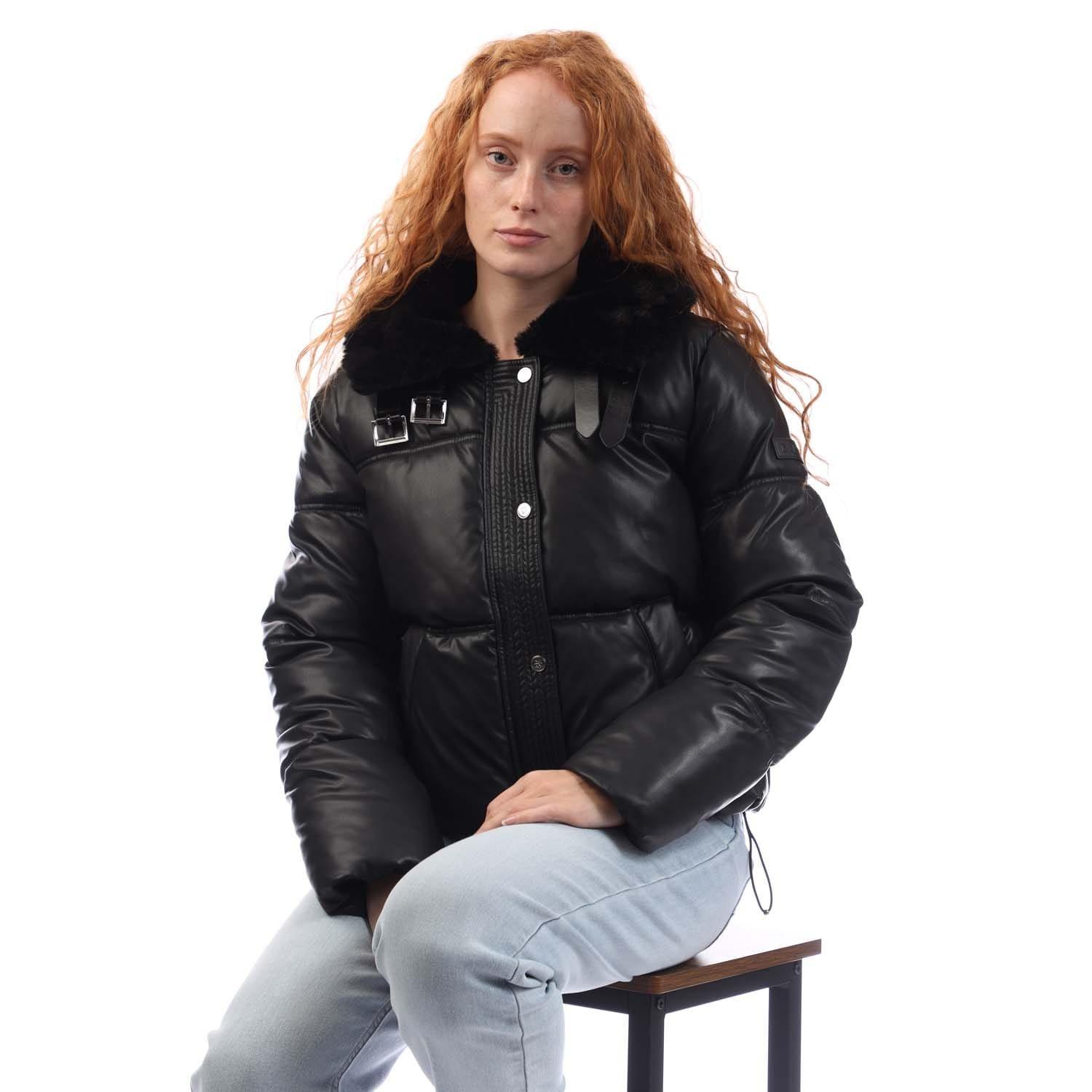 Black - DKNY - Zip Front with Collar Puffer Jacket - 4