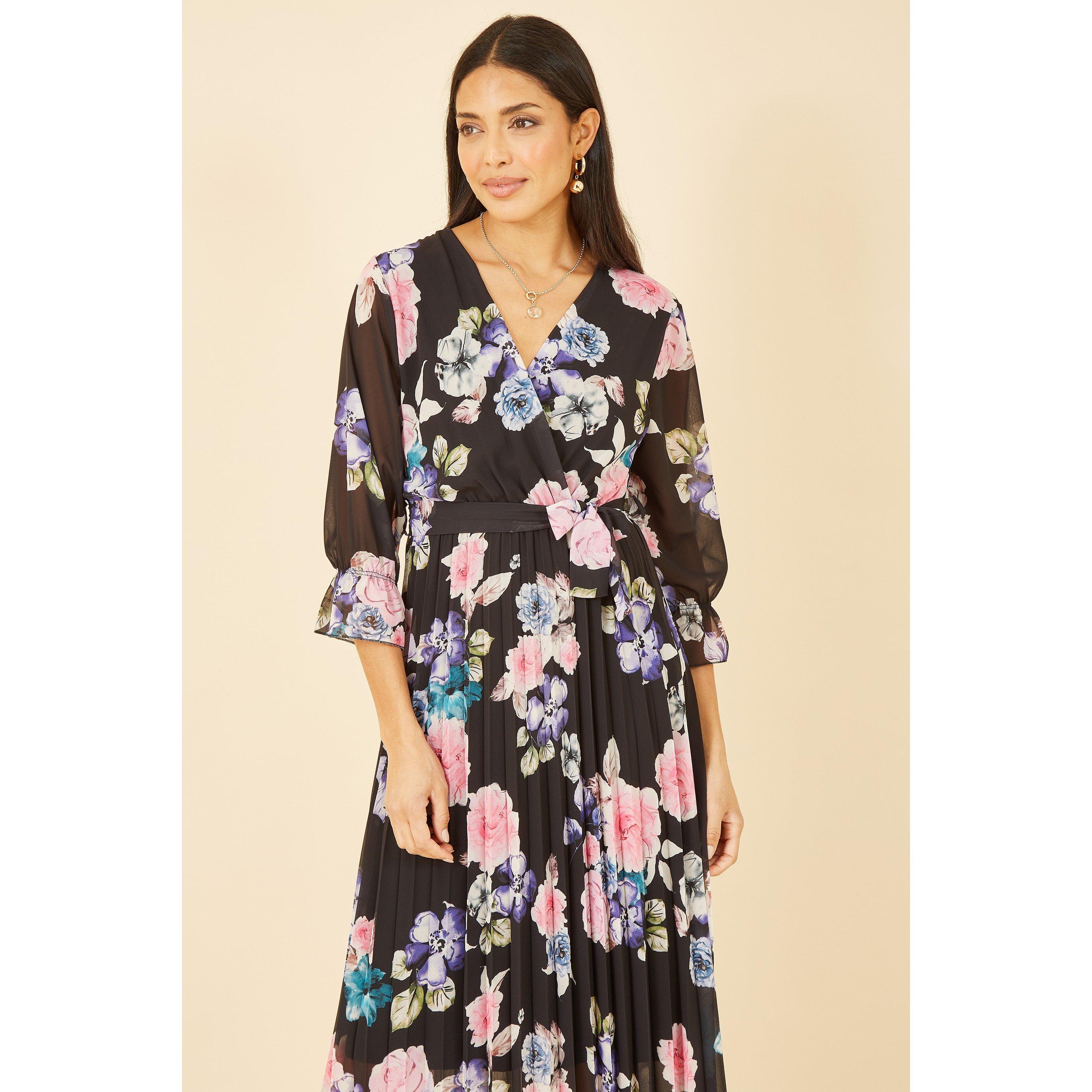 Black - Yumi - Black Floral Pleated Wrap Midi Dress - 2