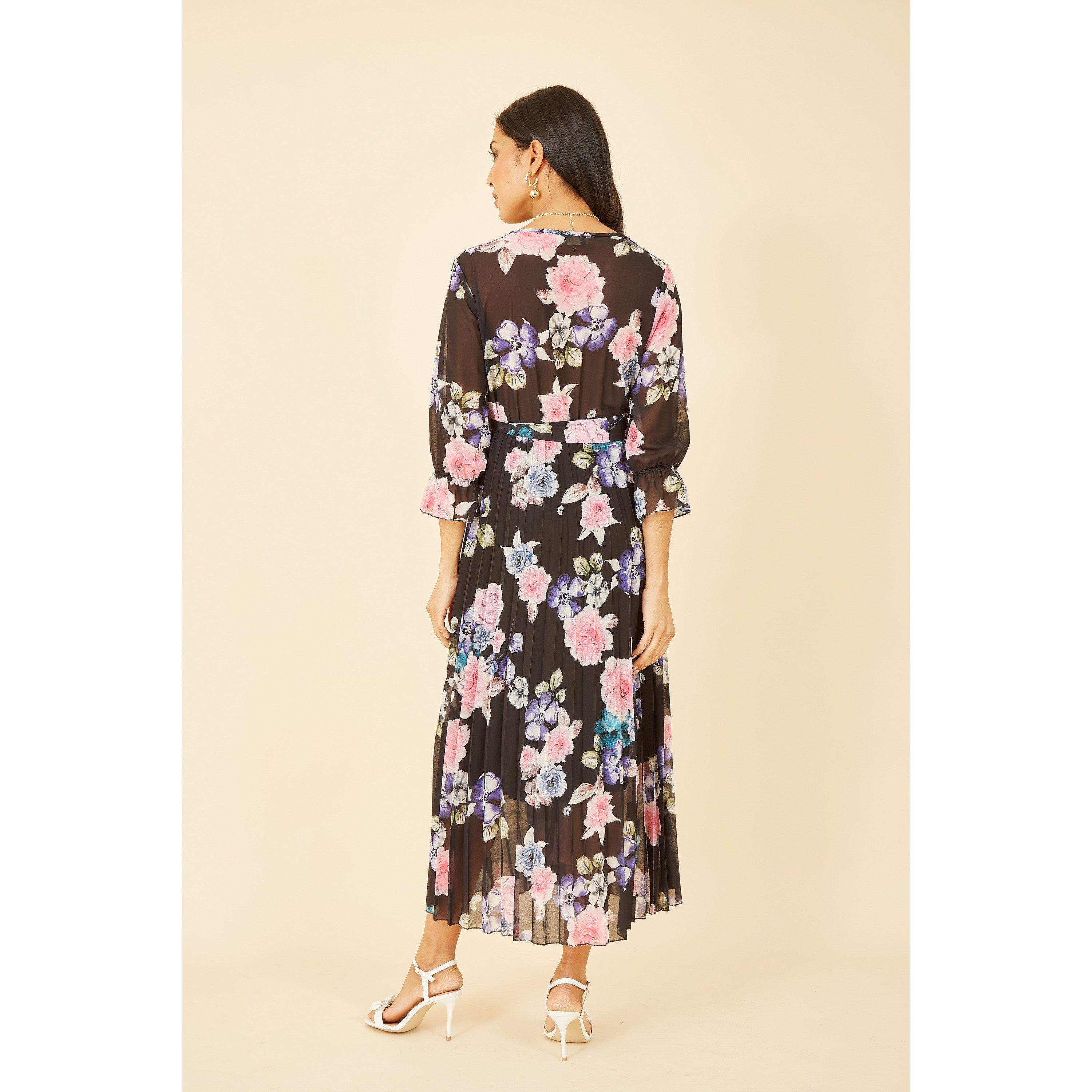 Black - Yumi - Black Floral Pleated Wrap Midi Dress - 3