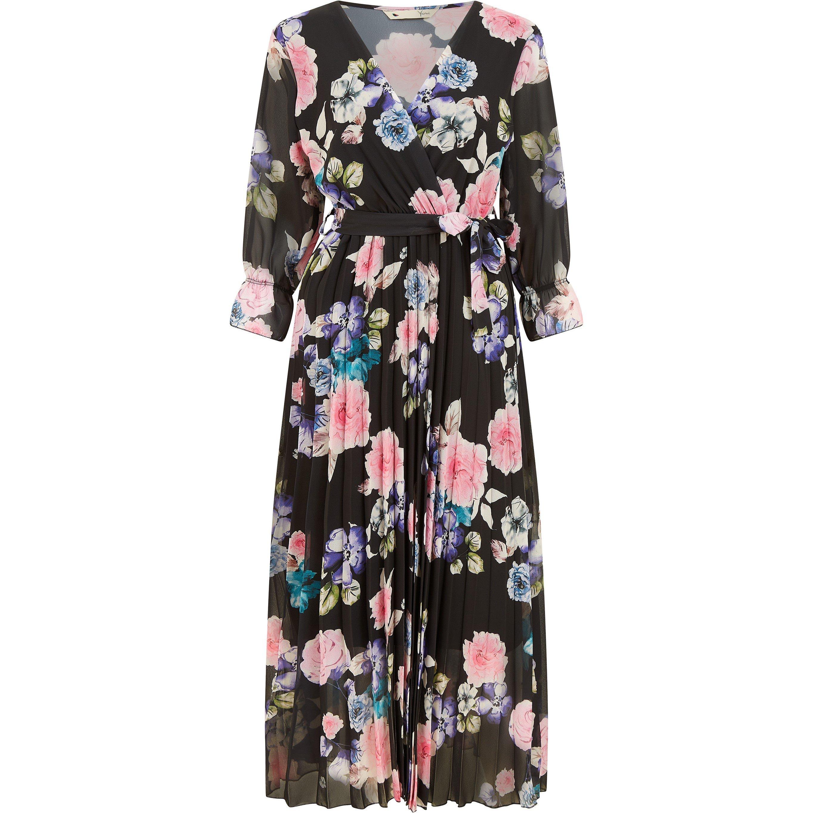 Black - Yumi - Black Floral Pleated Wrap Midi Dress - 4