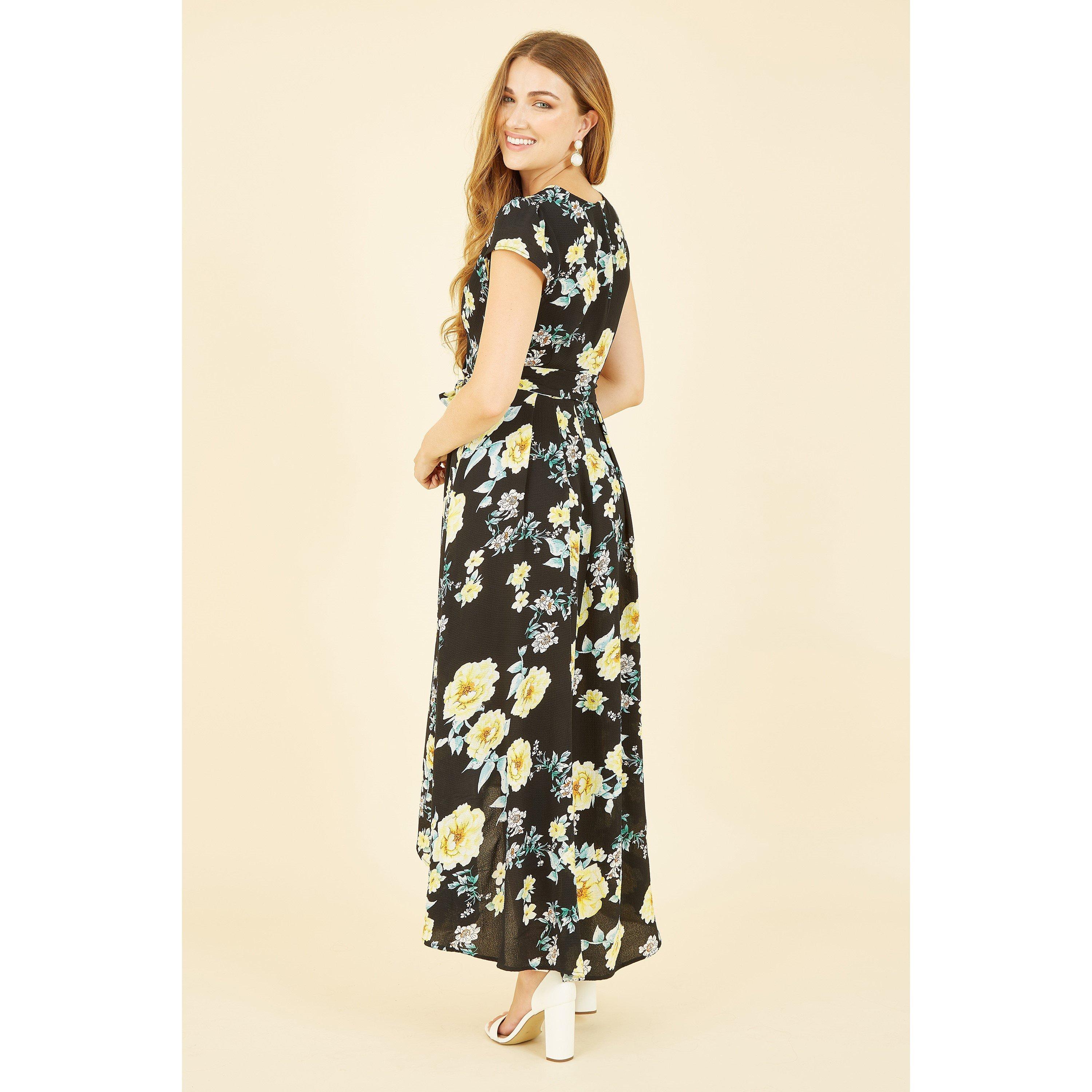 Black - Mela London - Black Floral Dipped Hem Midi Wrap Dress - 3