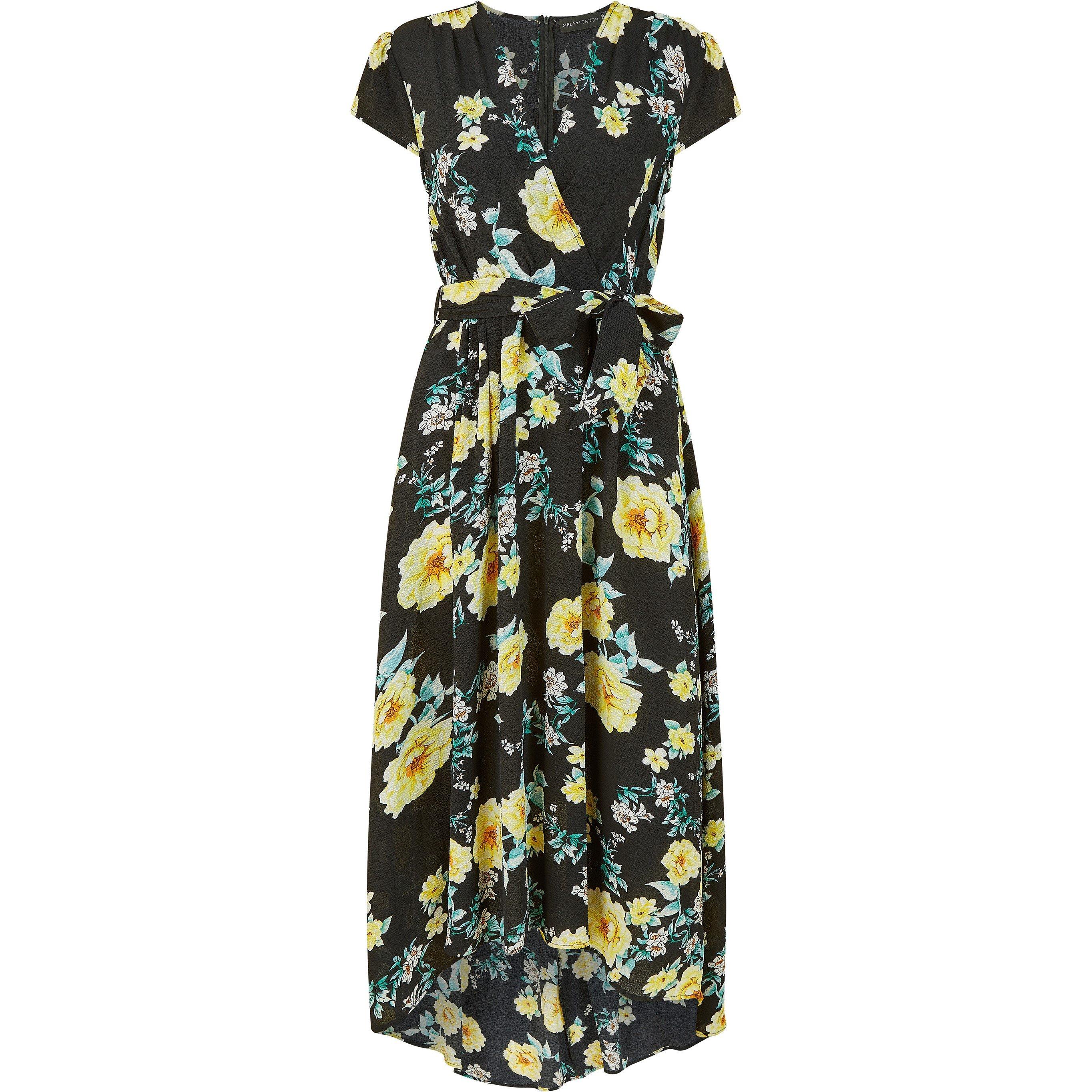 Black - Mela London - Black Floral Dipped Hem Midi Wrap Dress - 4