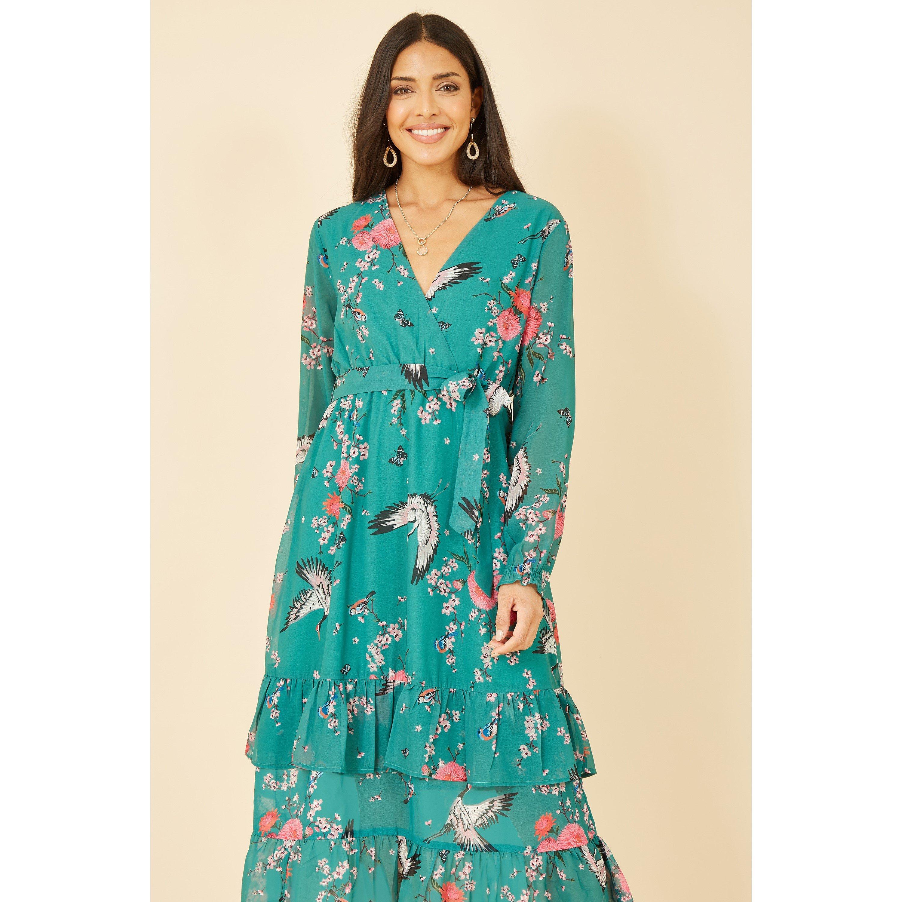 Green - Yumi - Green Crane Print Wrap Midi Dress - 2