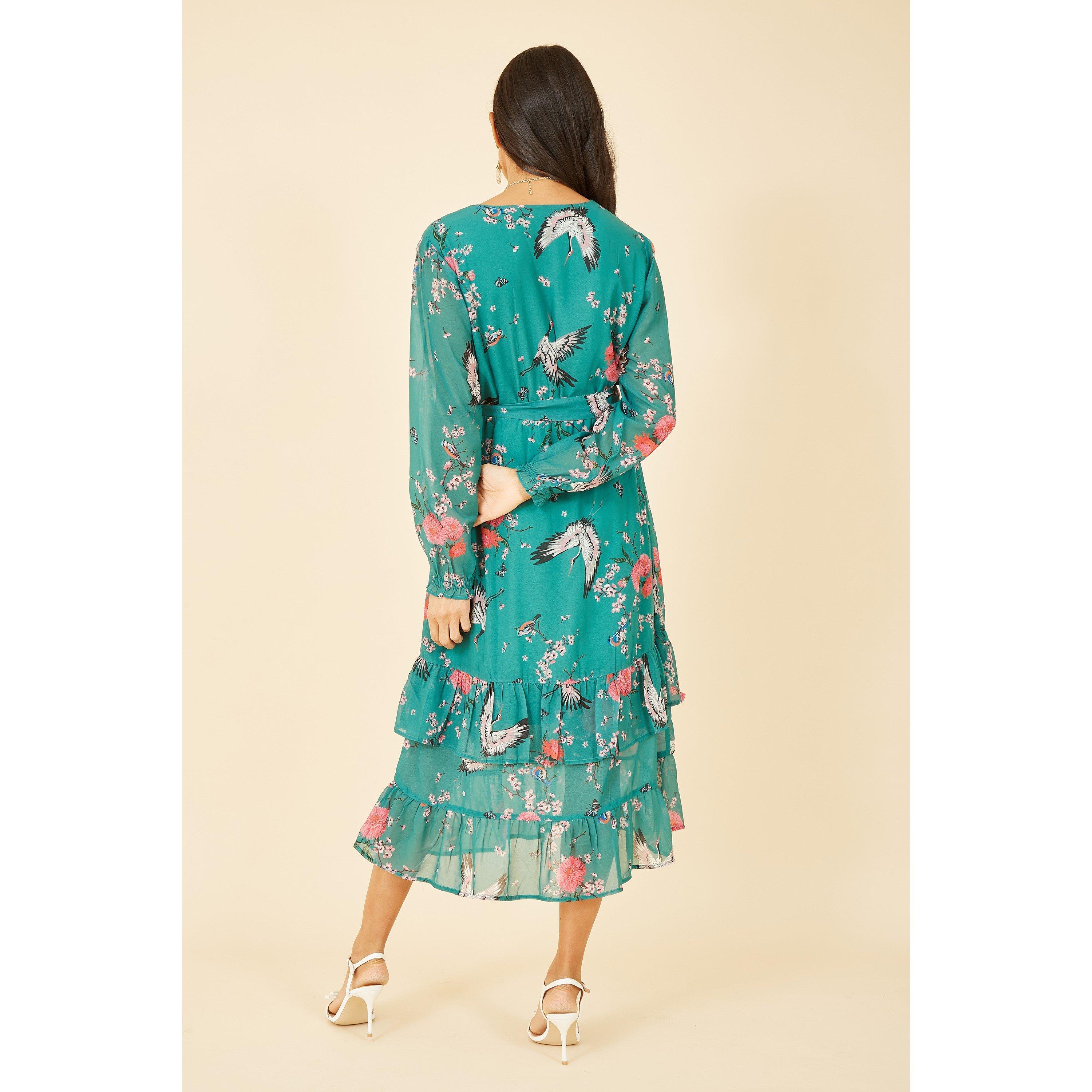 Green - Yumi - Green Crane Print Wrap Midi Dress - 3