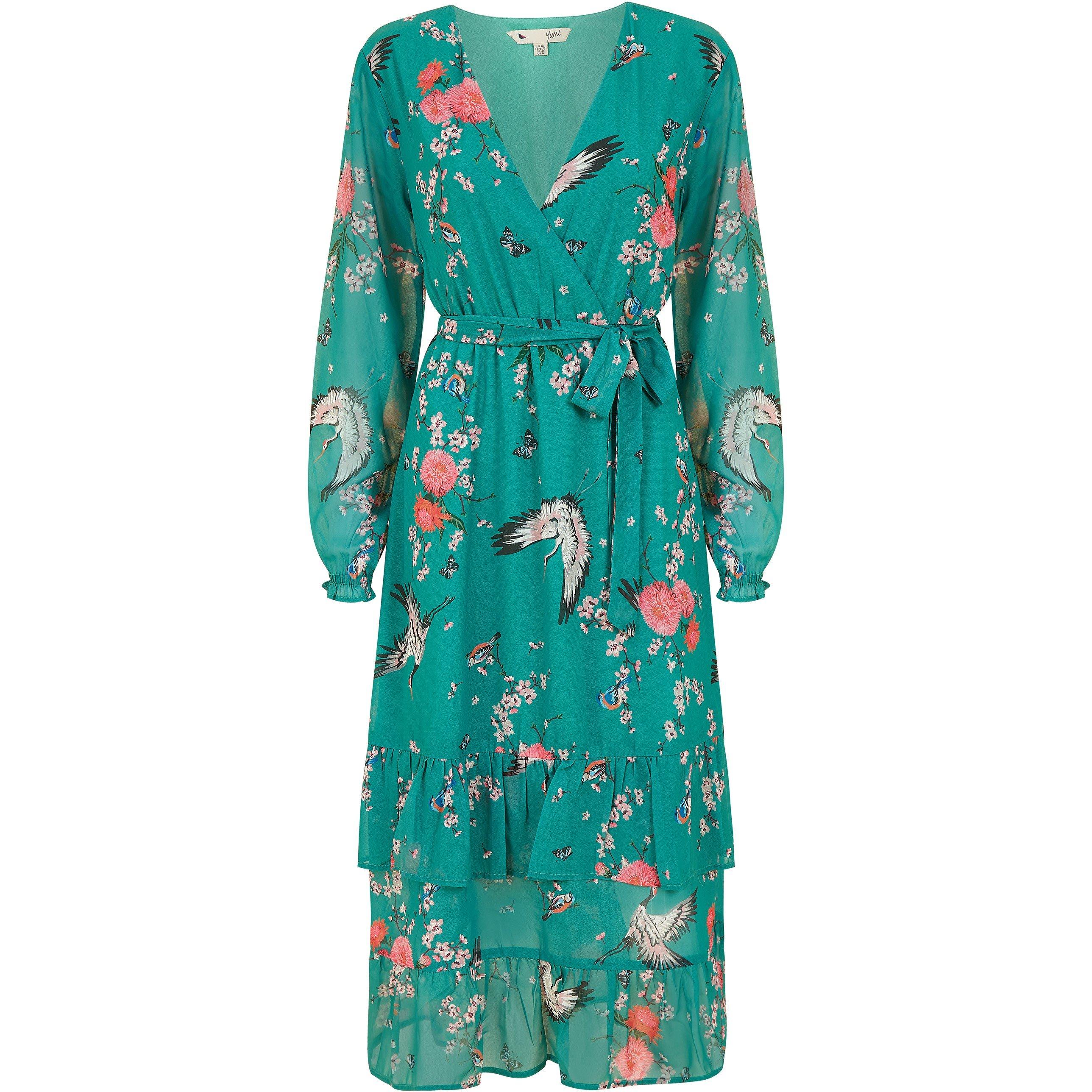 Green - Yumi - Green Crane Print Wrap Midi Dress - 4