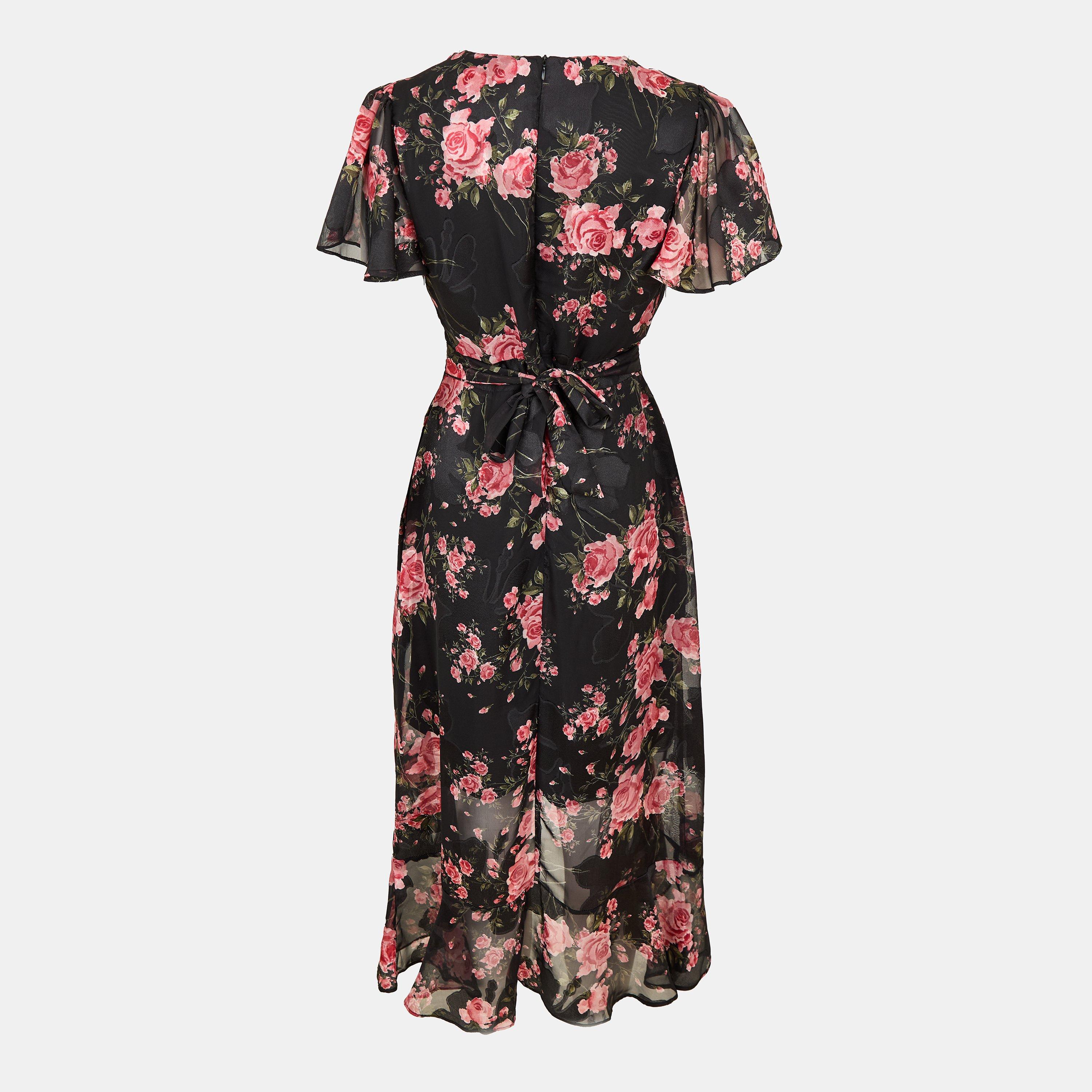 Black - Mela London - Black Rose Print Midi Wrap Dress - 2