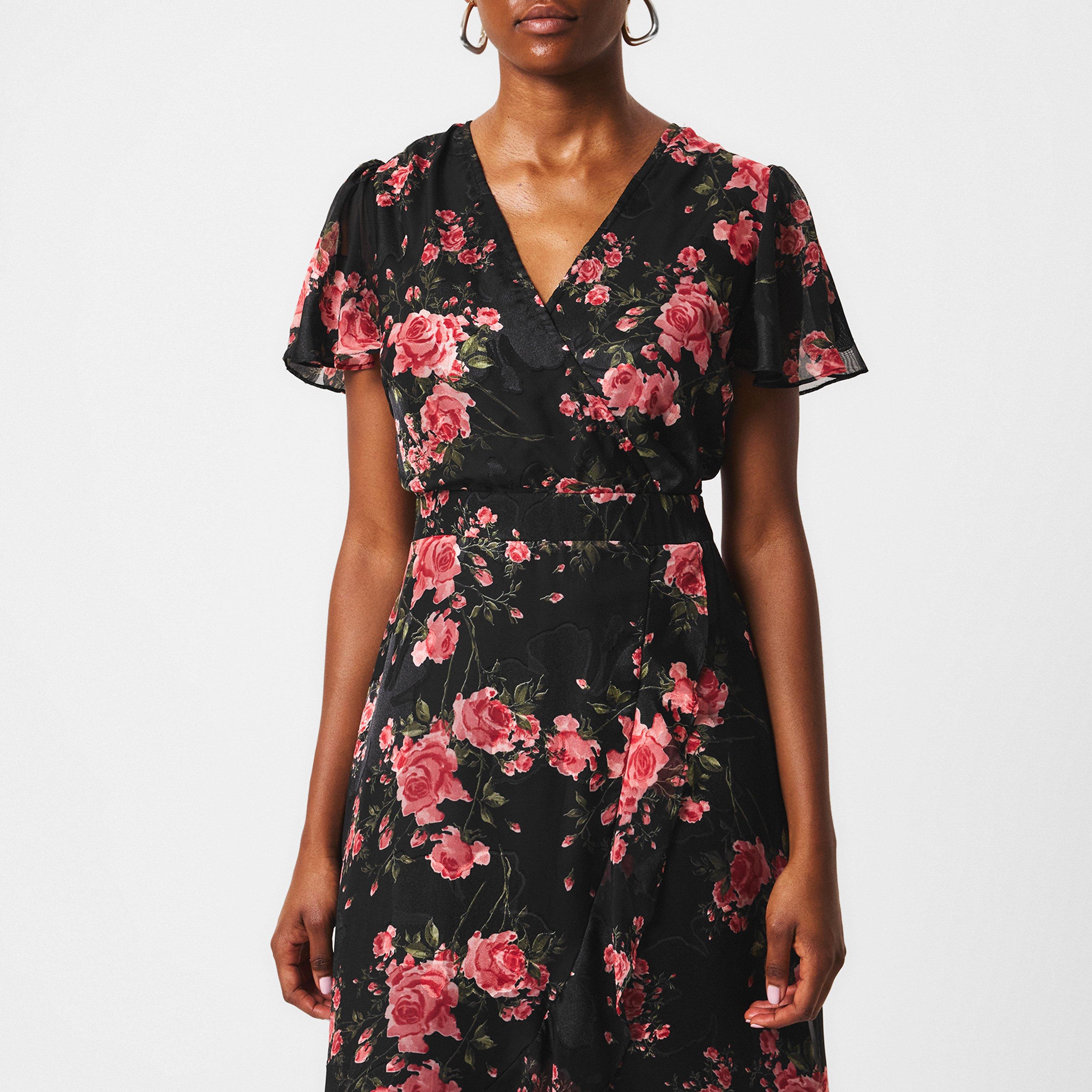 Black - Mela London - Black Rose Print Midi Wrap Dress - 3