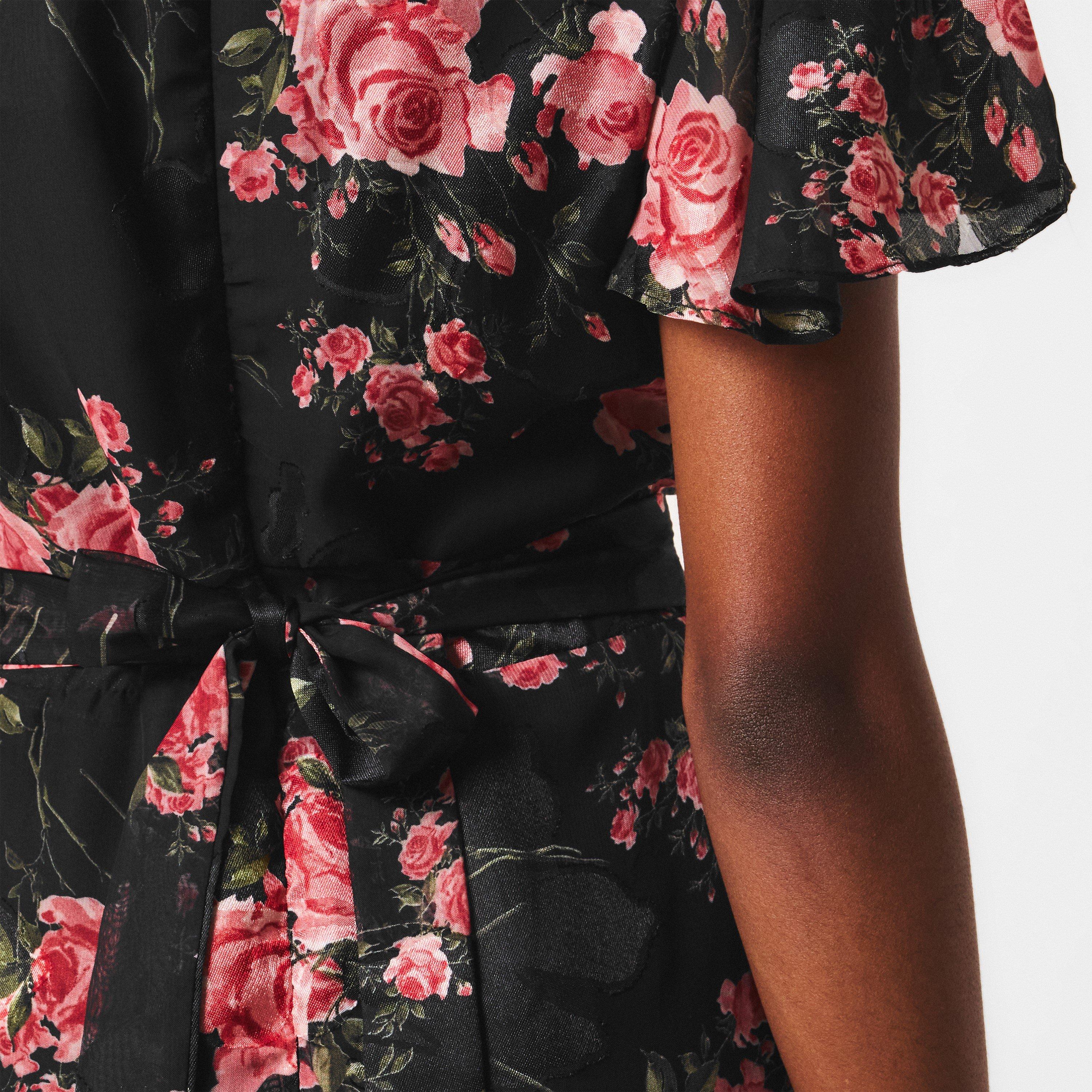 Black - Mela London - Black Rose Print Midi Wrap Dress - 5
