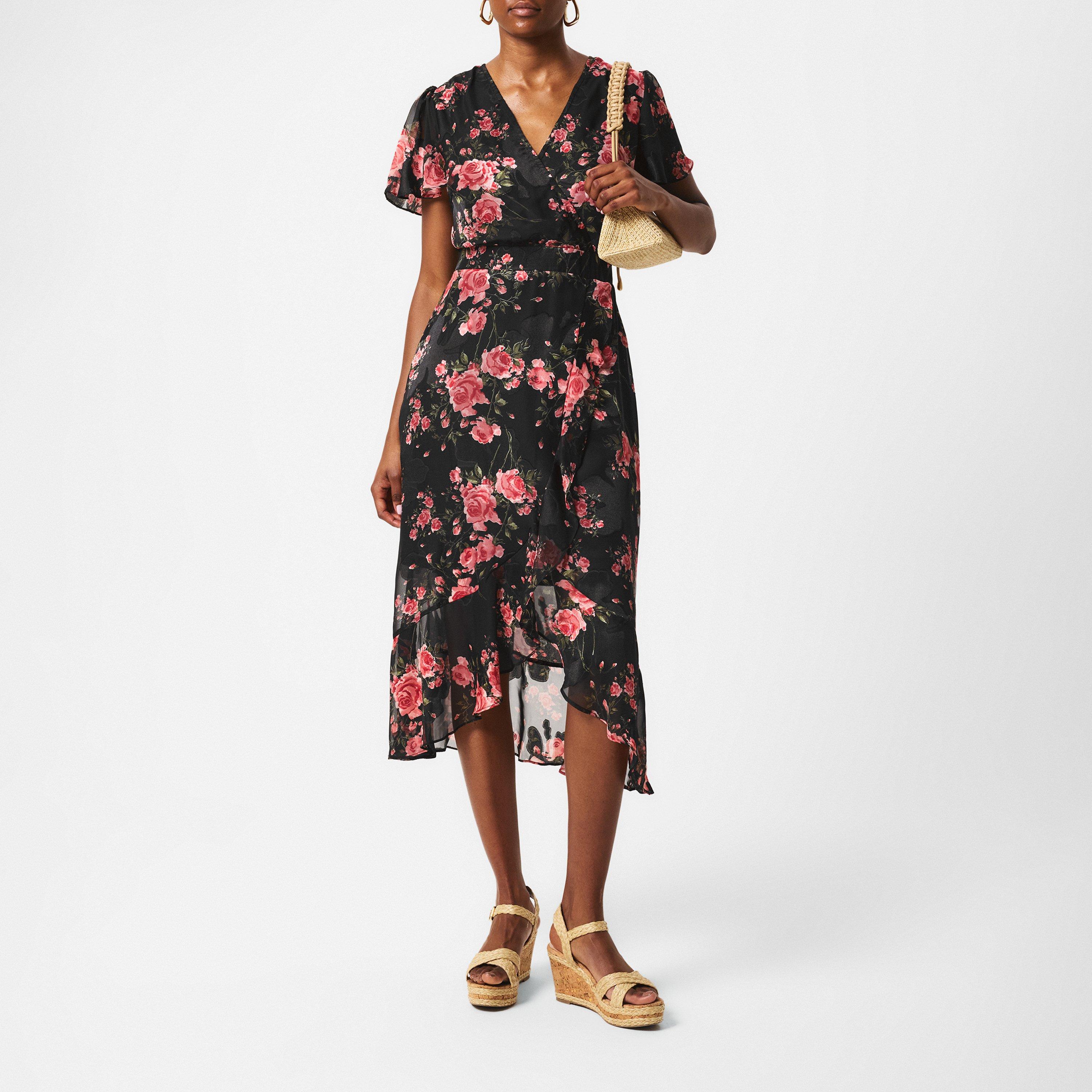 Black - Mela London - Black Rose Print Midi Wrap Dress - 6