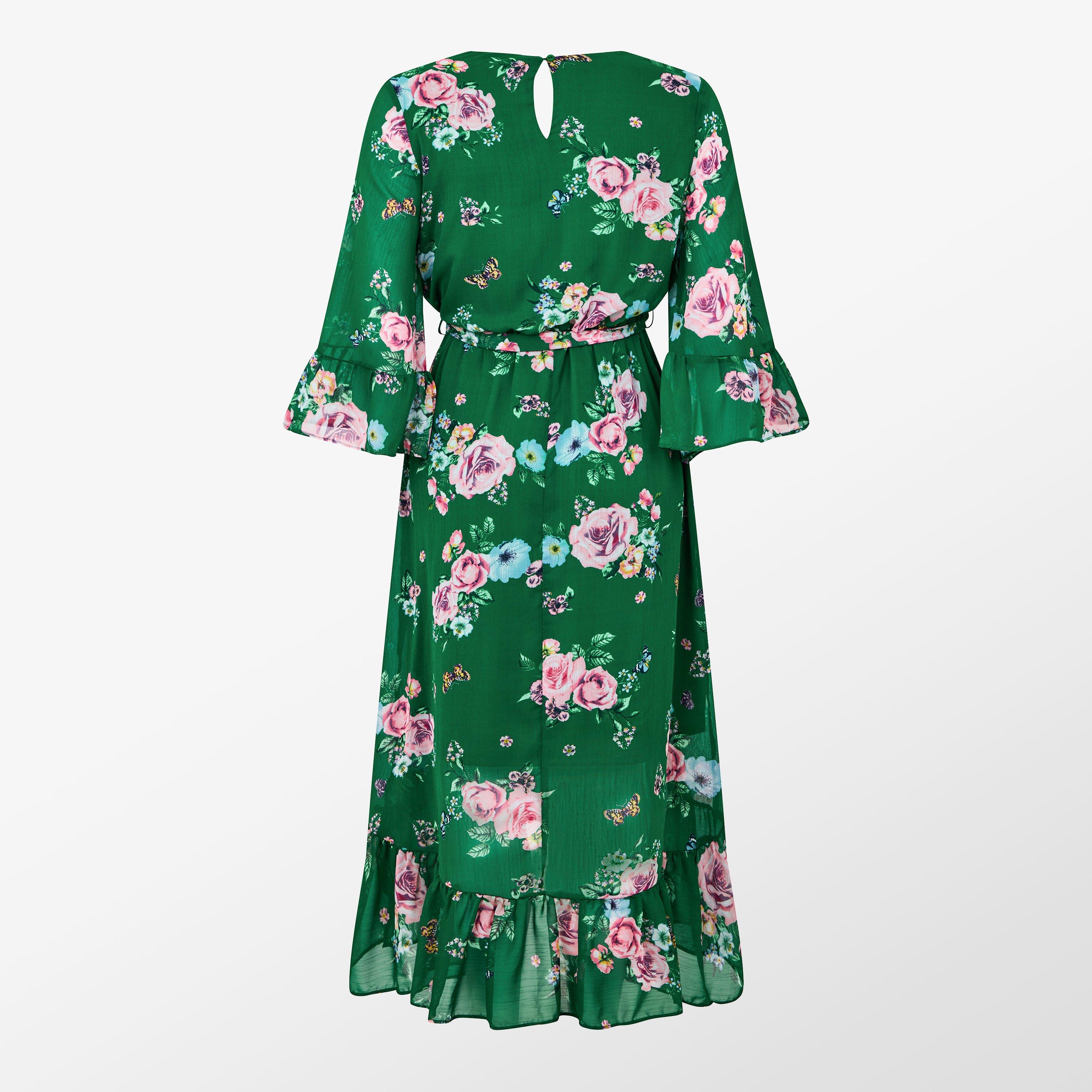 Green - Yumi - Green Floral Wrap Dress With Dipped Hem - 2