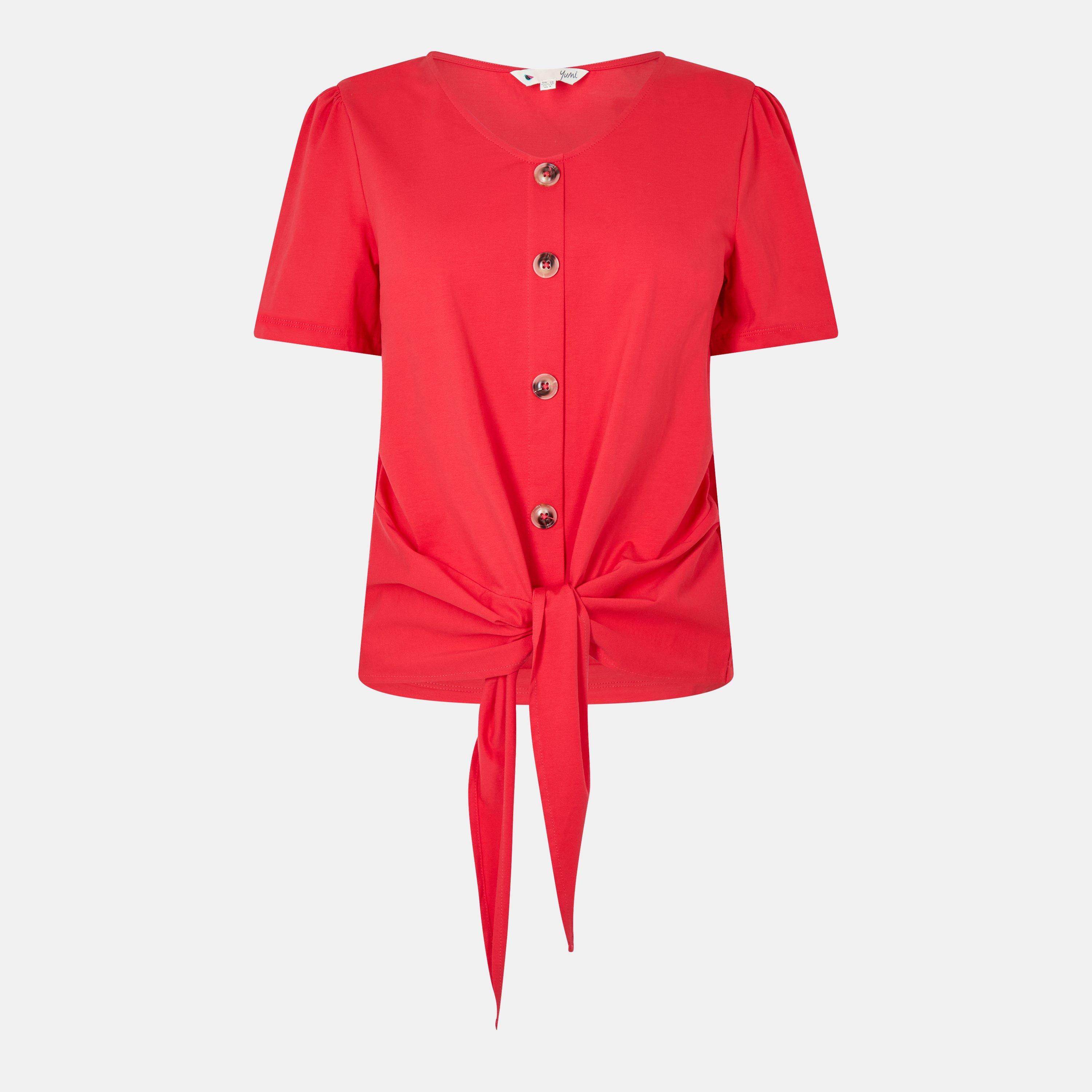 Red - Yumi - Red Button Tie Jersey T-Shirt - 1