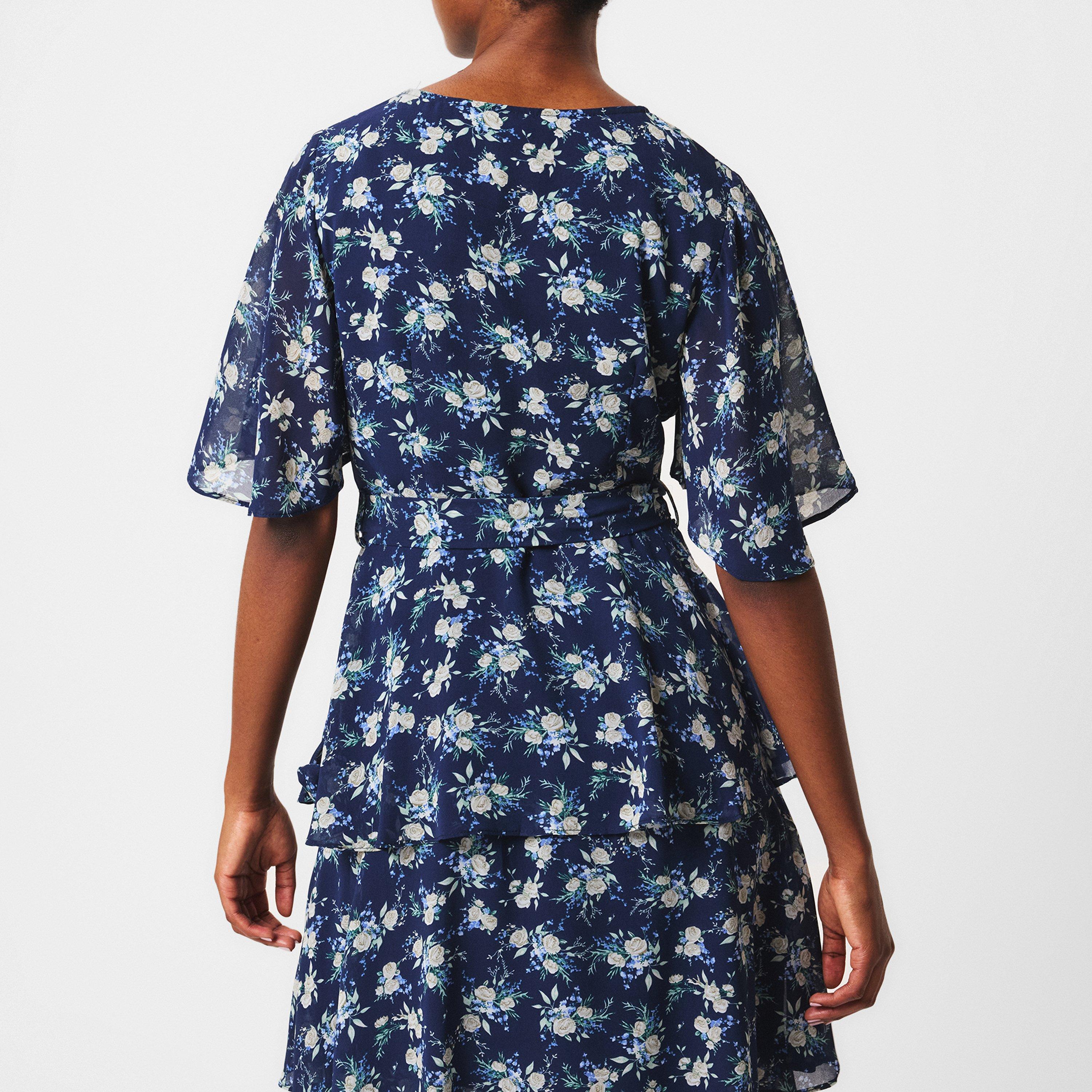 Navy - Yumi - Navy Floral Frill Layer Midi Dress - 4