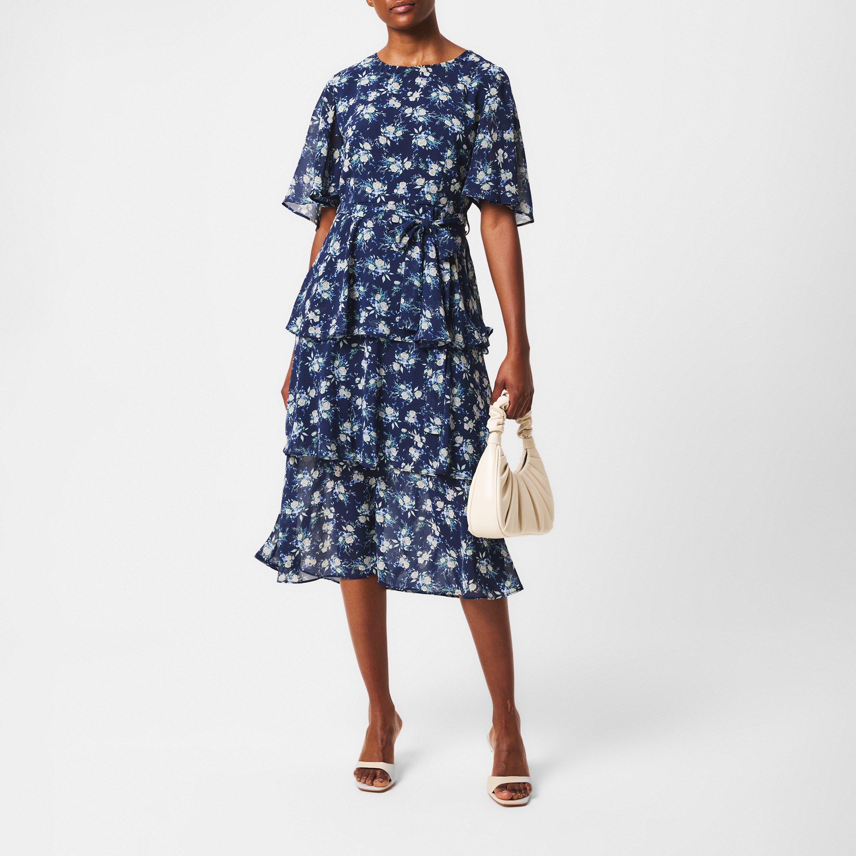 Navy - Yumi - Navy Floral Frill Layer Midi Dress - 6