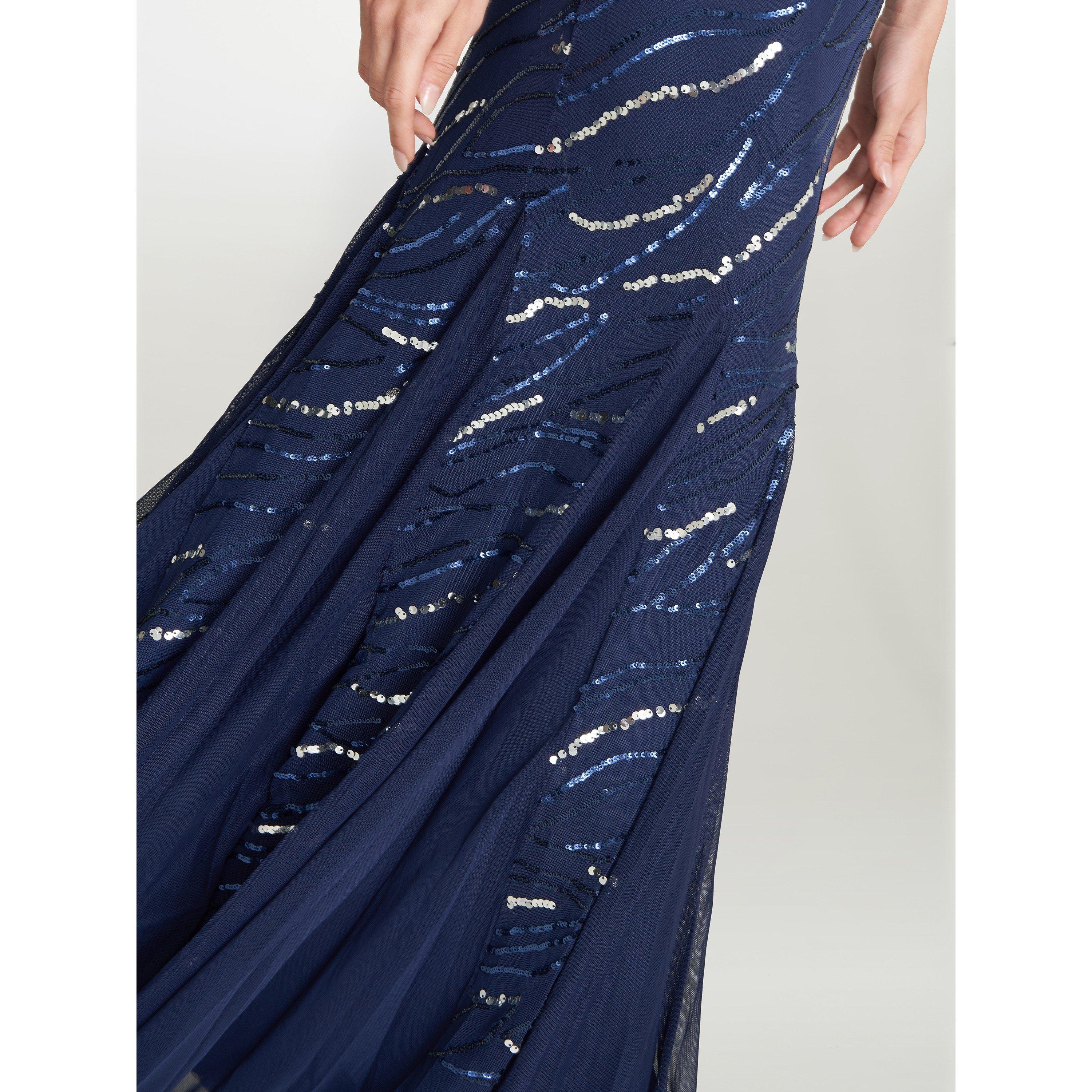 Navy - Gina Bacconi - Maybelle Sequin Mesh Illusion Dress - 5
