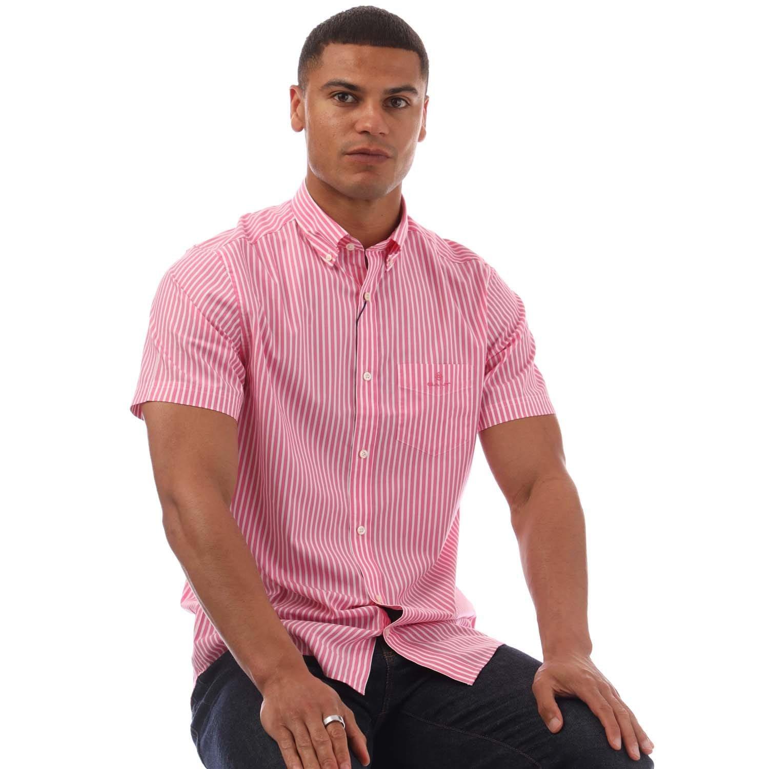 Pink - Gant - Regular Fit Striped Short Sleeve Broadcloth Shirt - 4