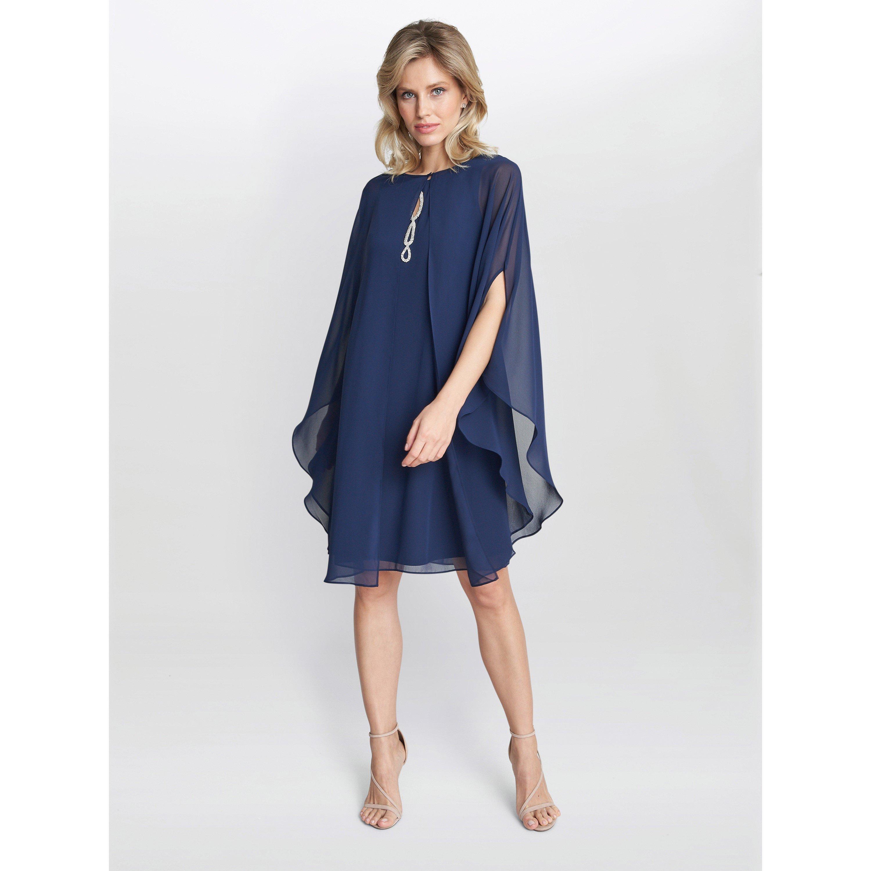 Spring Navy - Gina Bacconi - Laura Chiffon Cape And Beaded Neck Dress - 1