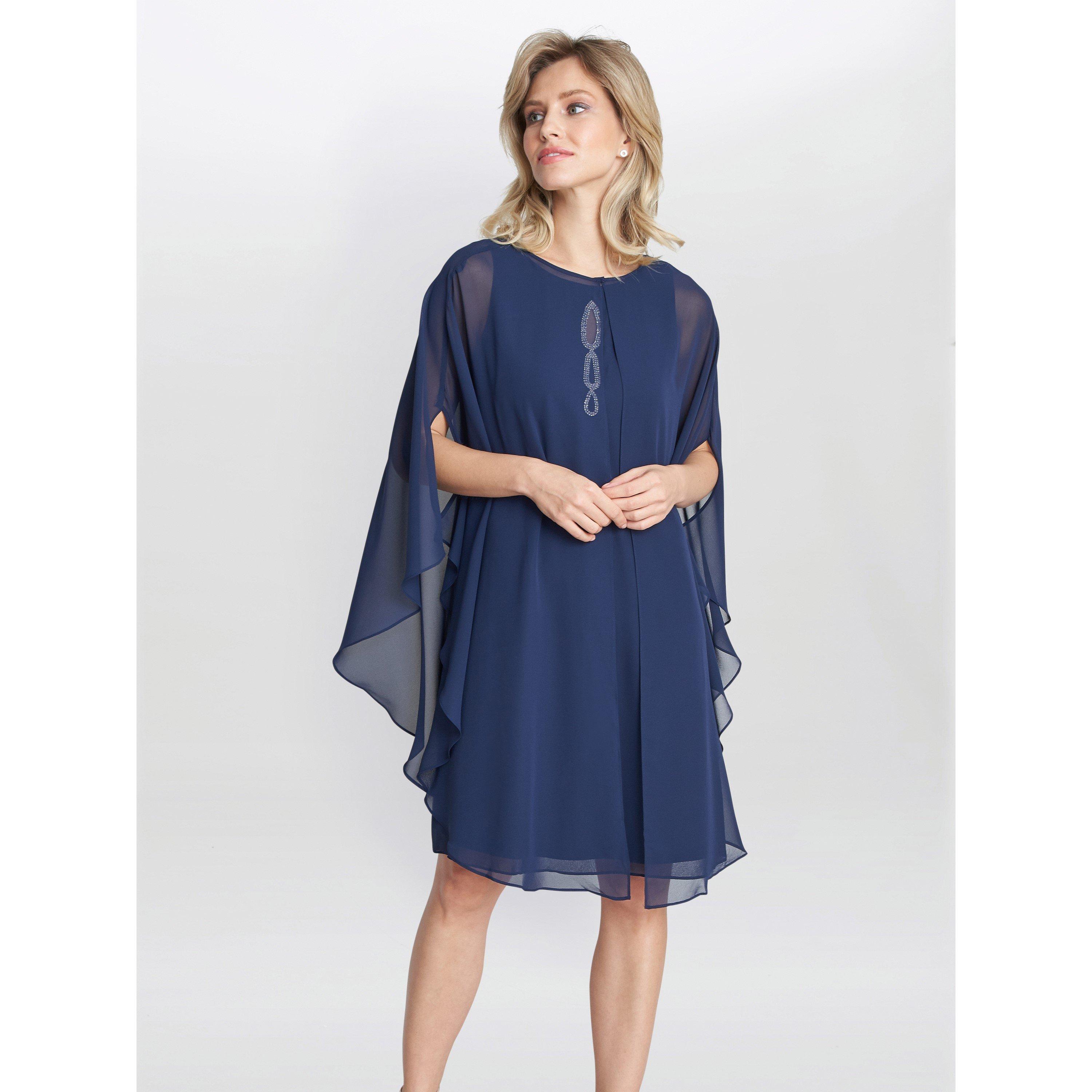 Spring Navy - Gina Bacconi - Laura Chiffon Cape And Beaded Neck Dress - 3