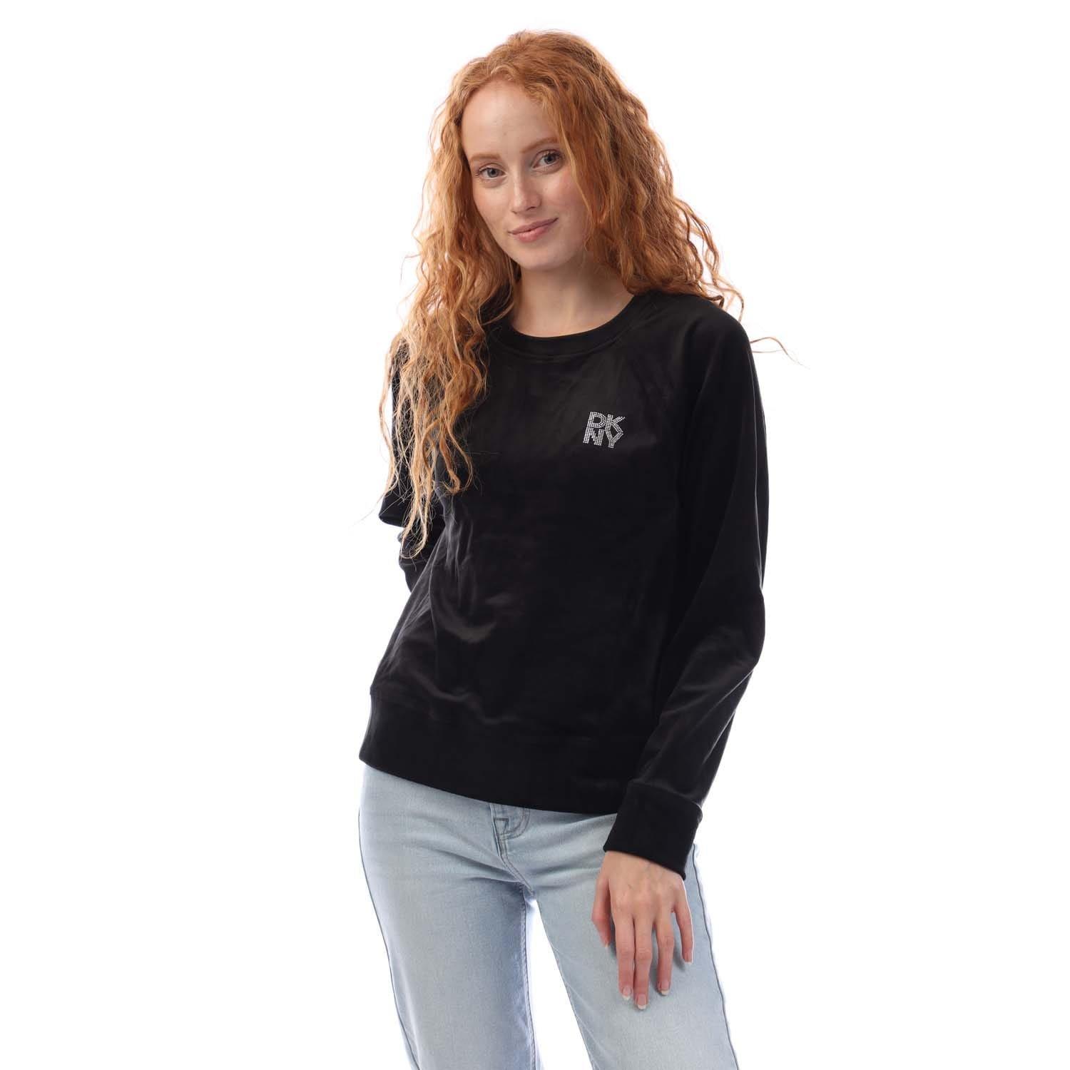Black - DKNY - Rhinestone Velour Logo Crew Neck Sweatshirt - 1