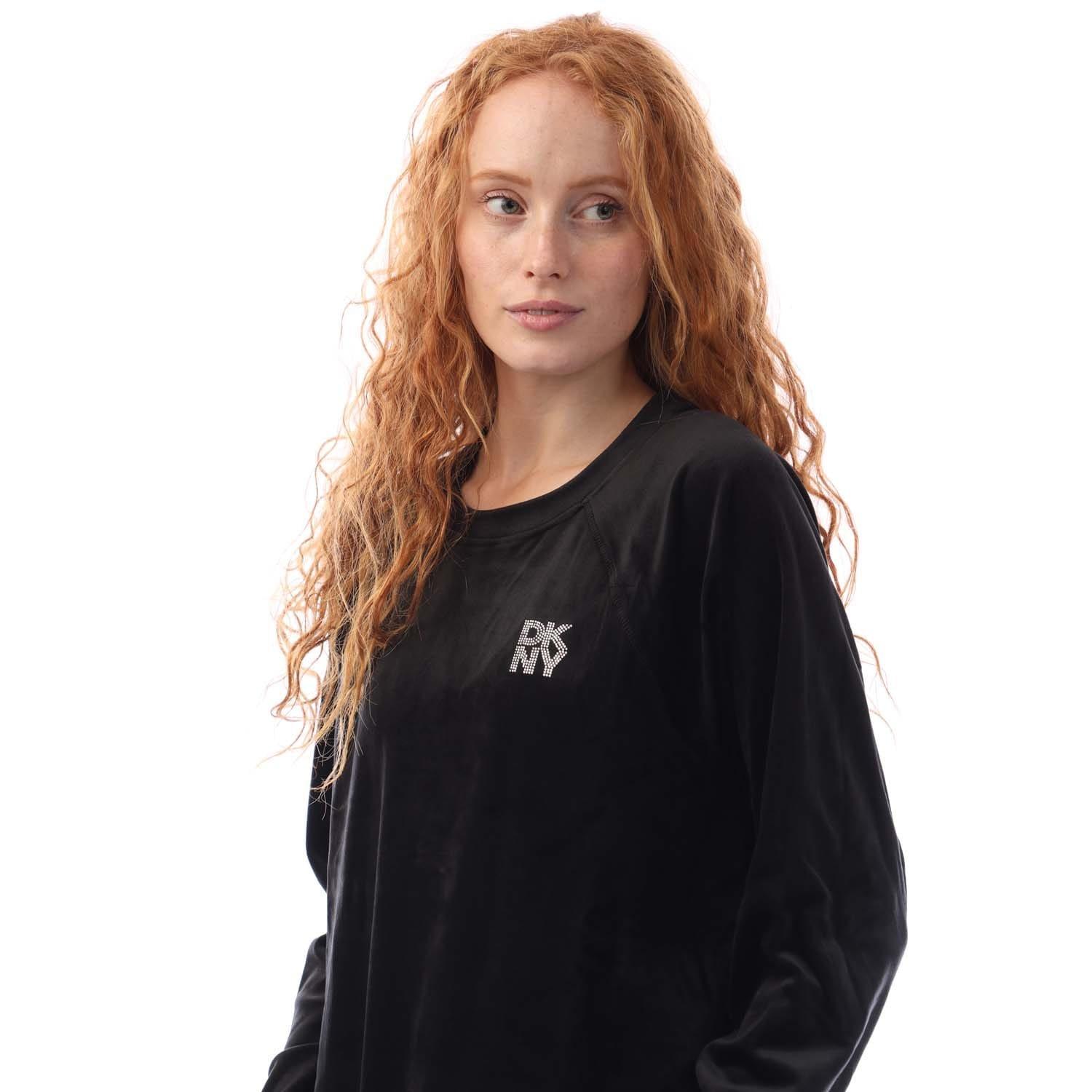 Black - DKNY - Rhinestone Velour Logo Crew Neck Sweatshirt - 2