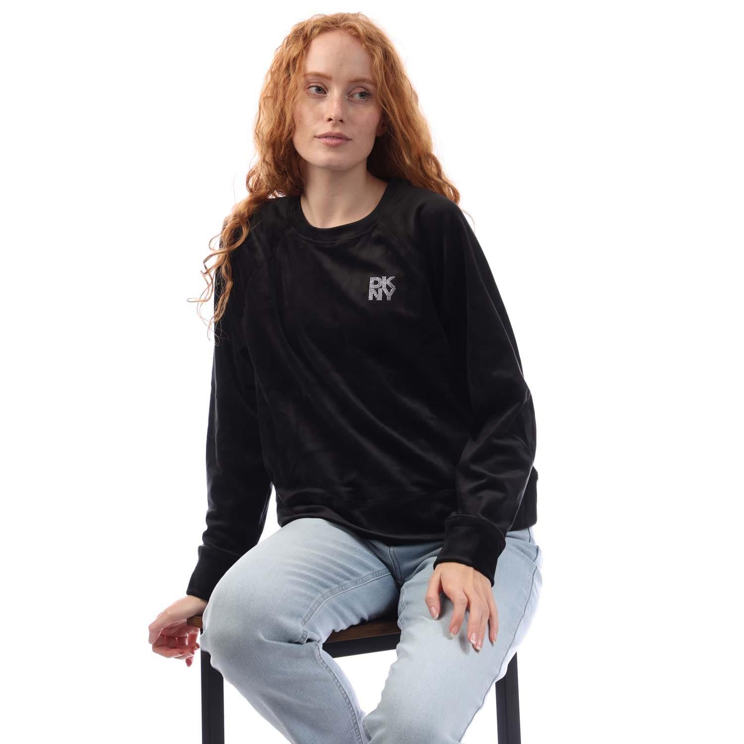 Black - DKNY - Rhinestone Velour Logo Crew Neck Sweatshirt - 4