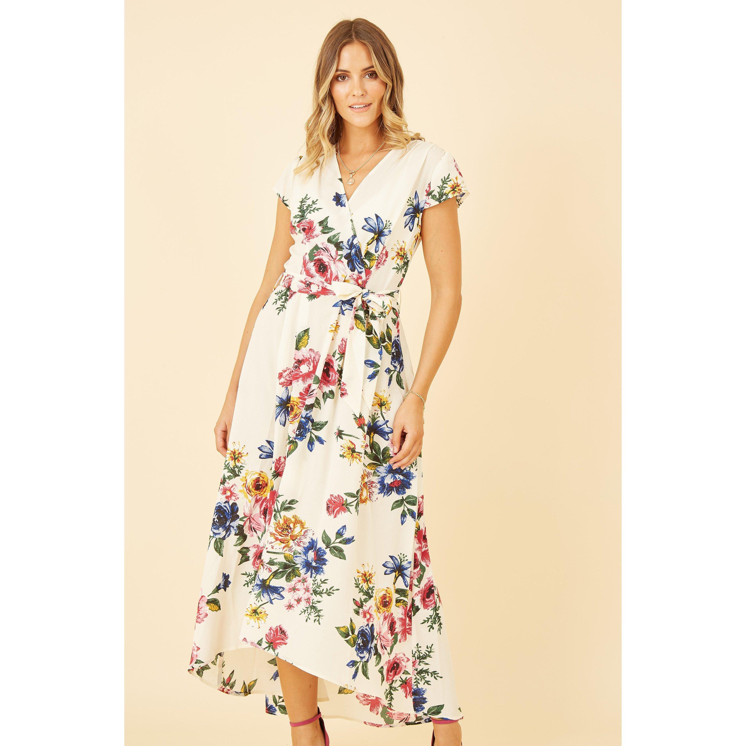 Ivory - Mela London - Ivory Floral Wrap Dip Hem Dress - 2