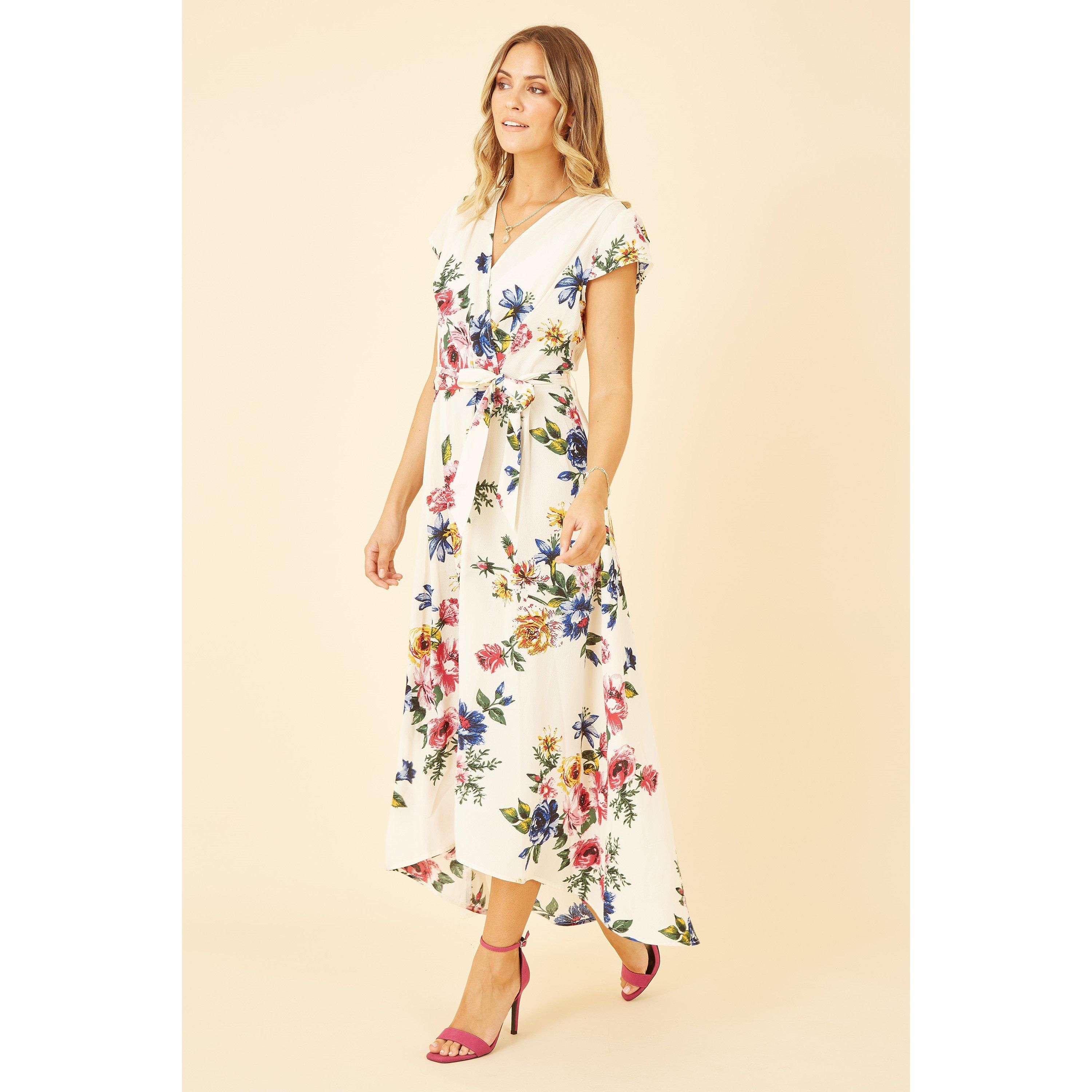 Ivory - Mela London - Ivory Floral Wrap Dip Hem Dress - 3