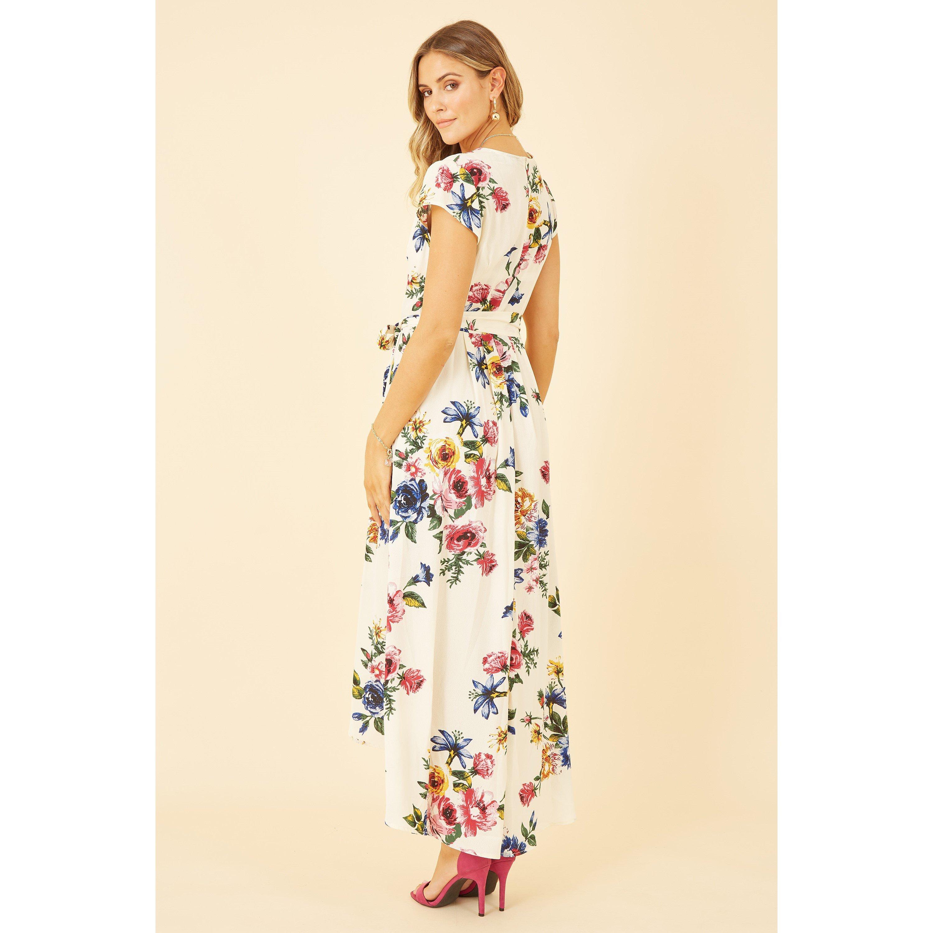 Ivory - Mela London - Ivory Floral Wrap Dip Hem Dress - 4
