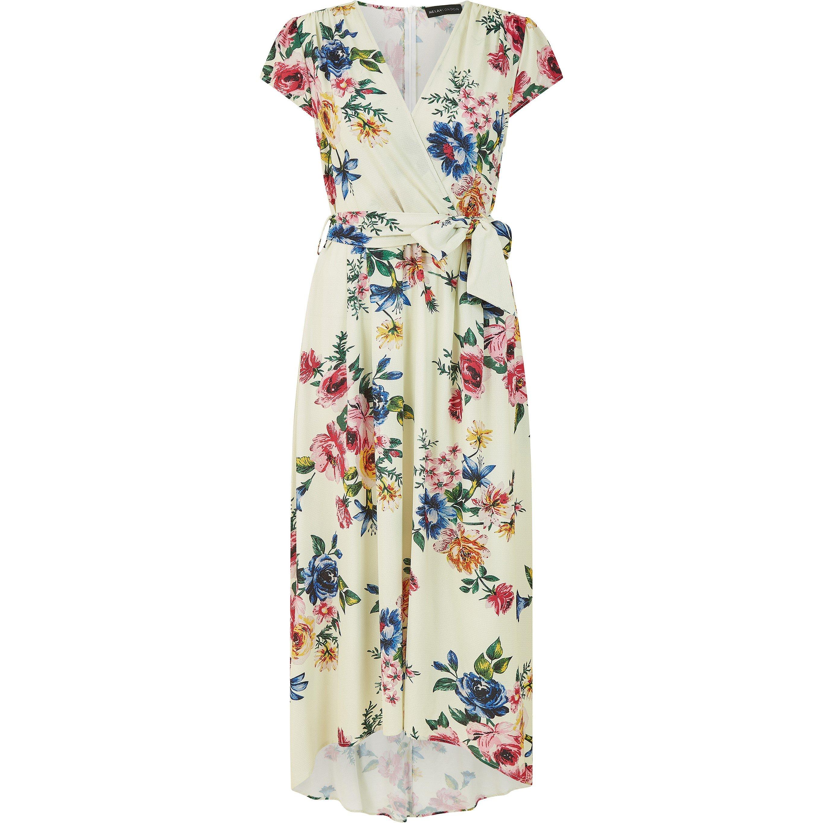 Ivory - Mela London - Ivory Floral Wrap Dip Hem Dress - 5