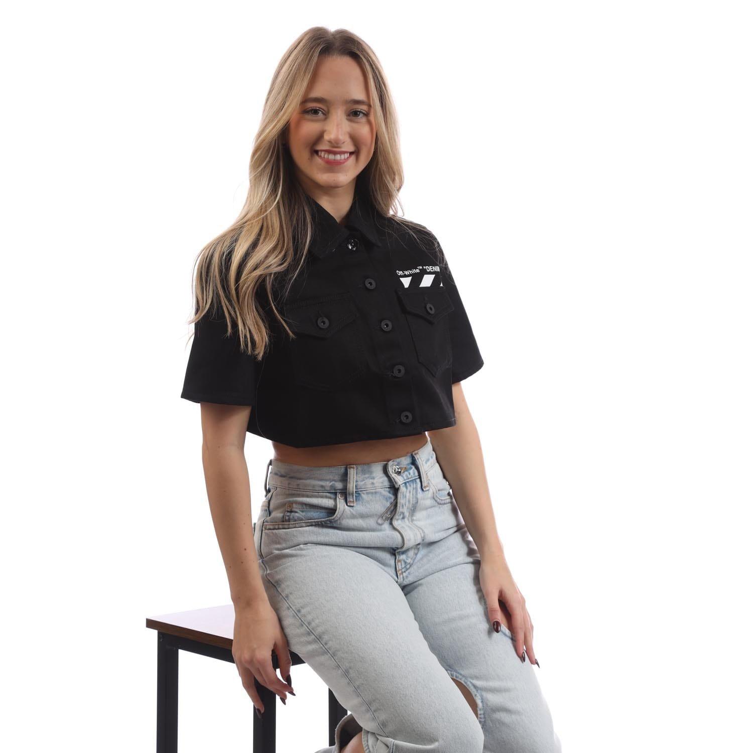 Black-White - Off White - Diagonal Pocket Cropped Shirt - 4