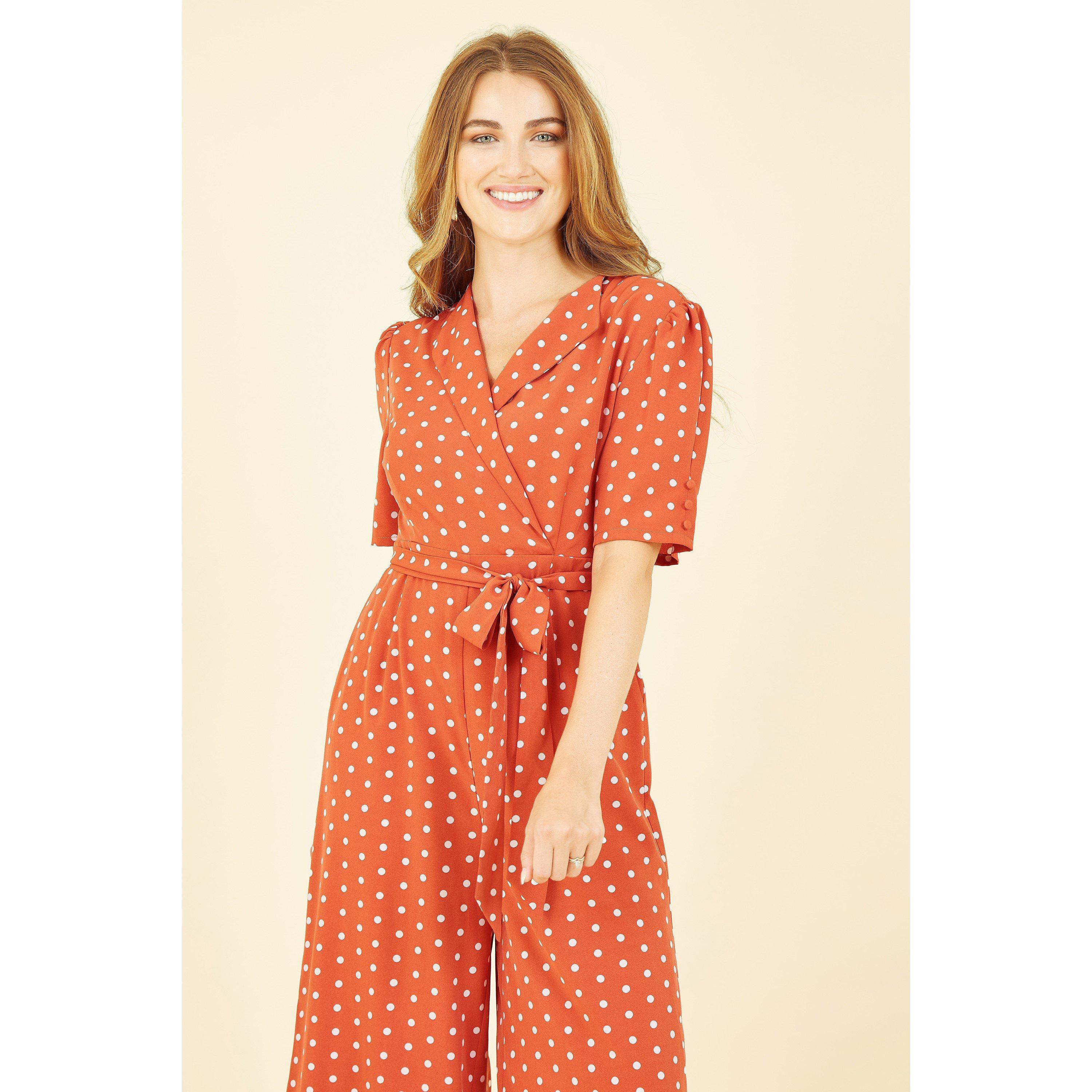 Burnt Orange - Yumi - Orange Spot Print Retro Culotte Jumpsuit - 2