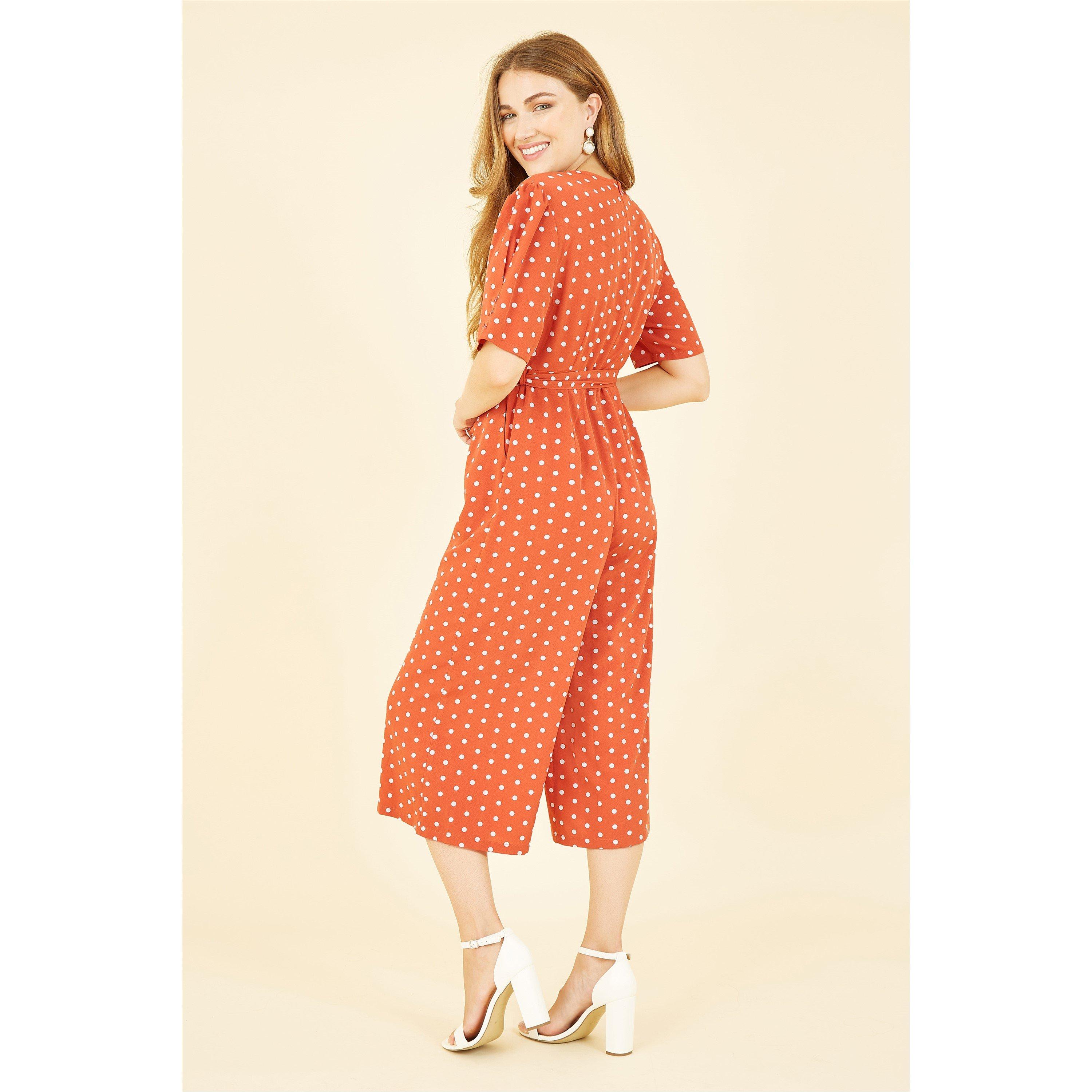 Burnt Orange - Yumi - Orange Spot Print Retro Culotte Jumpsuit - 3