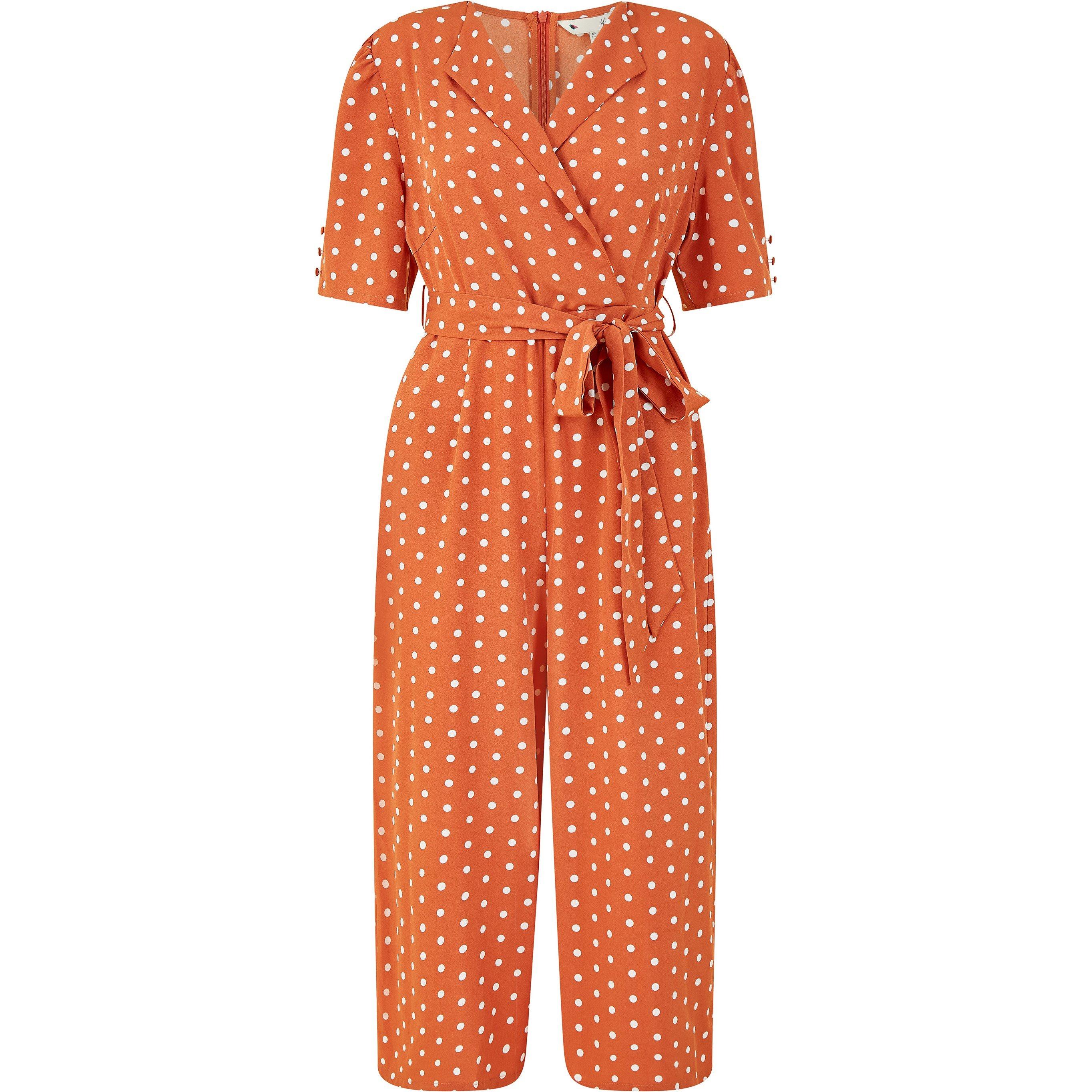 Burnt Orange - Yumi - Orange Spot Print Retro Culotte Jumpsuit - 4
