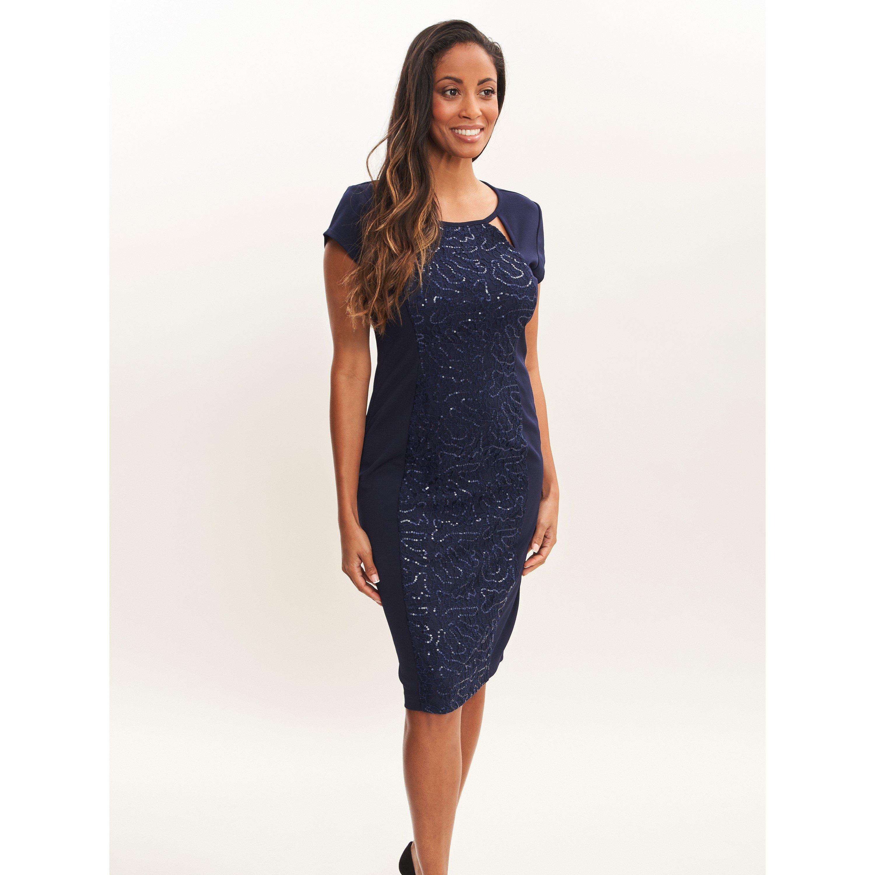 Navy - Gina Bacconi - Gilly Short Sleeve Sequin Cutout Dress - 1