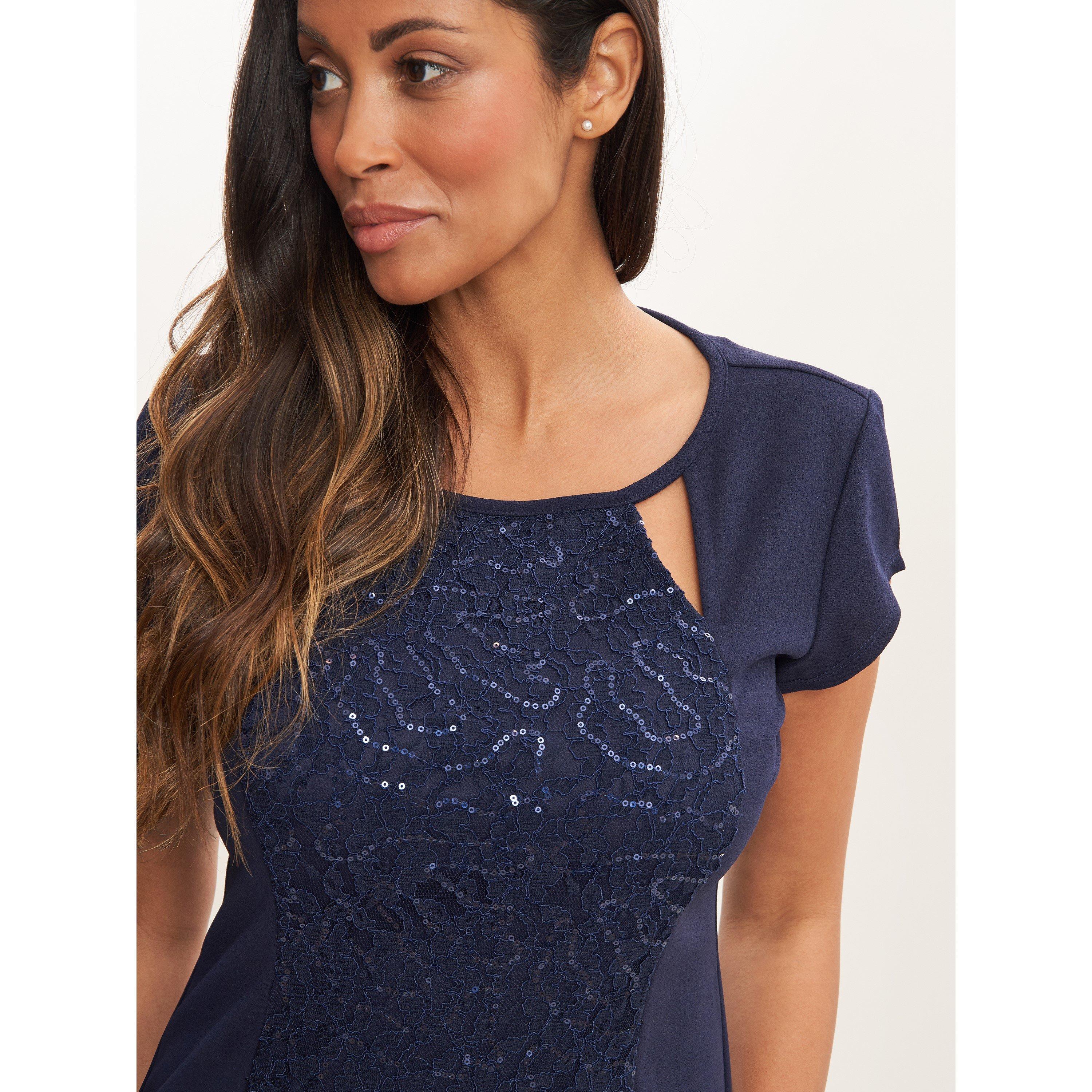 Navy - Gina Bacconi - Gilly Short Sleeve Sequin Cutout Dress - 5