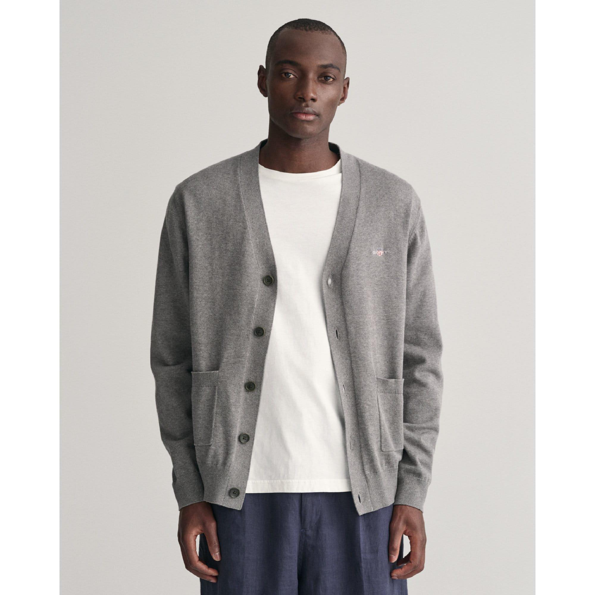 Grey - Gant - Classic Cotton V-Neck Cardigan - 1