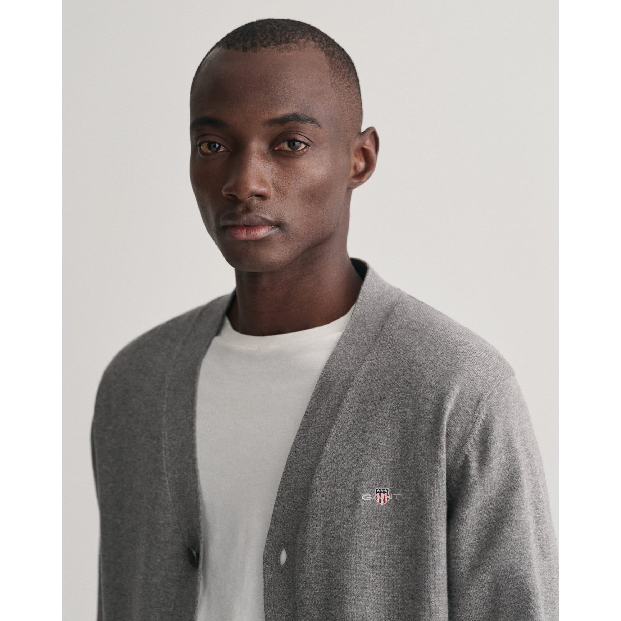 Grey - Gant - Classic Cotton V-Neck Cardigan - 3