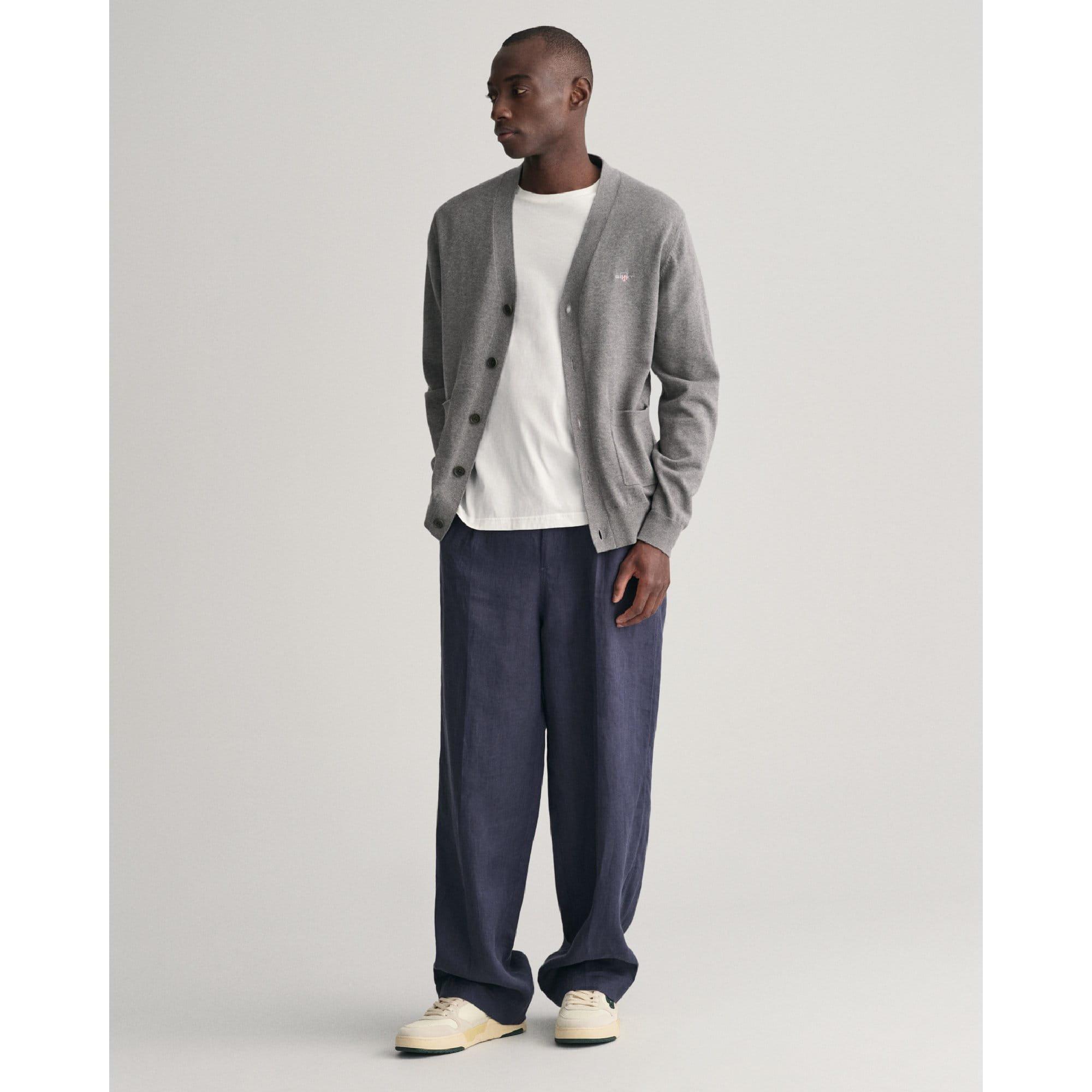 Grey - Gant - Classic Cotton V-Neck Cardigan - 4