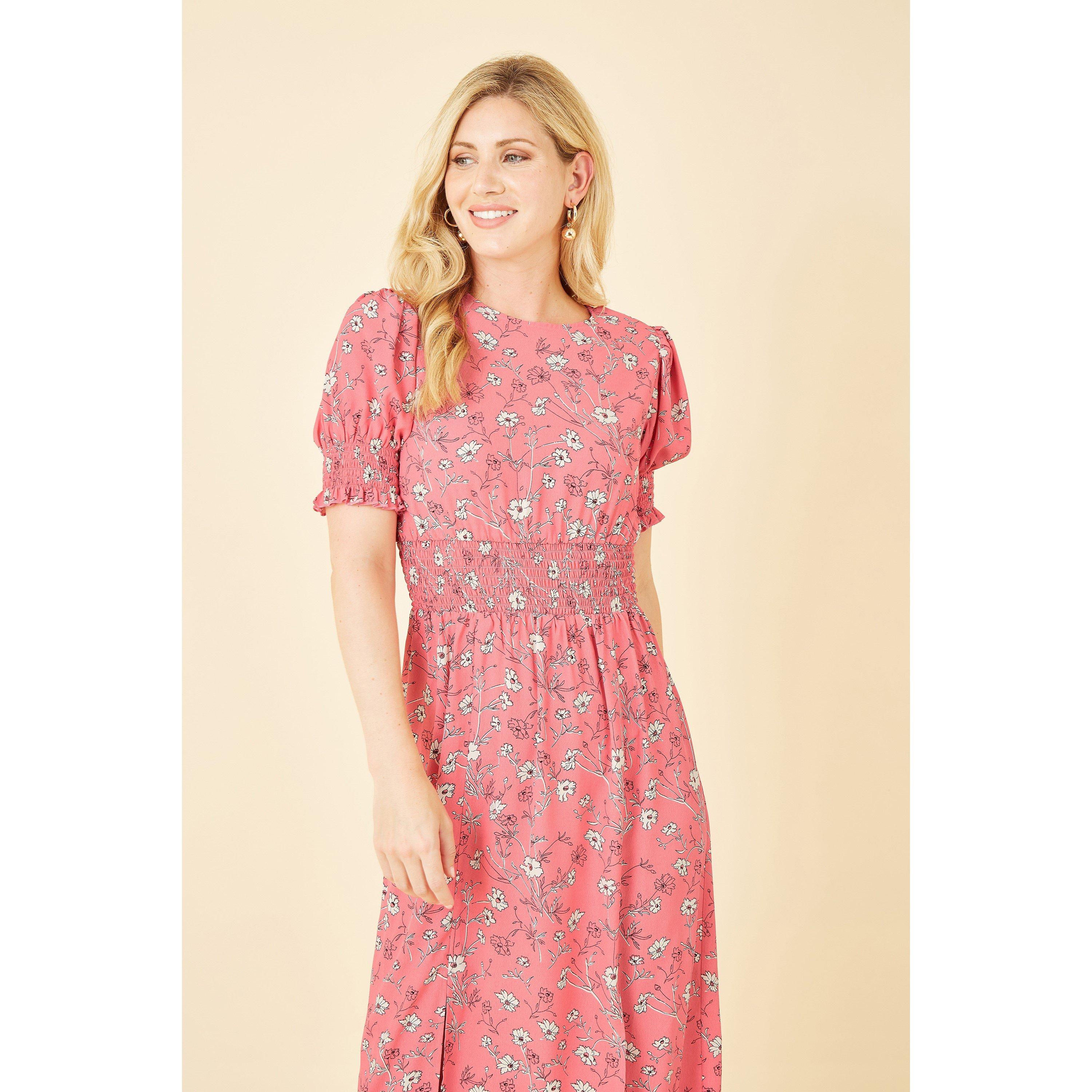 Pink - Mela London - Pink Floral Ruched Waist Midi Dress - 2