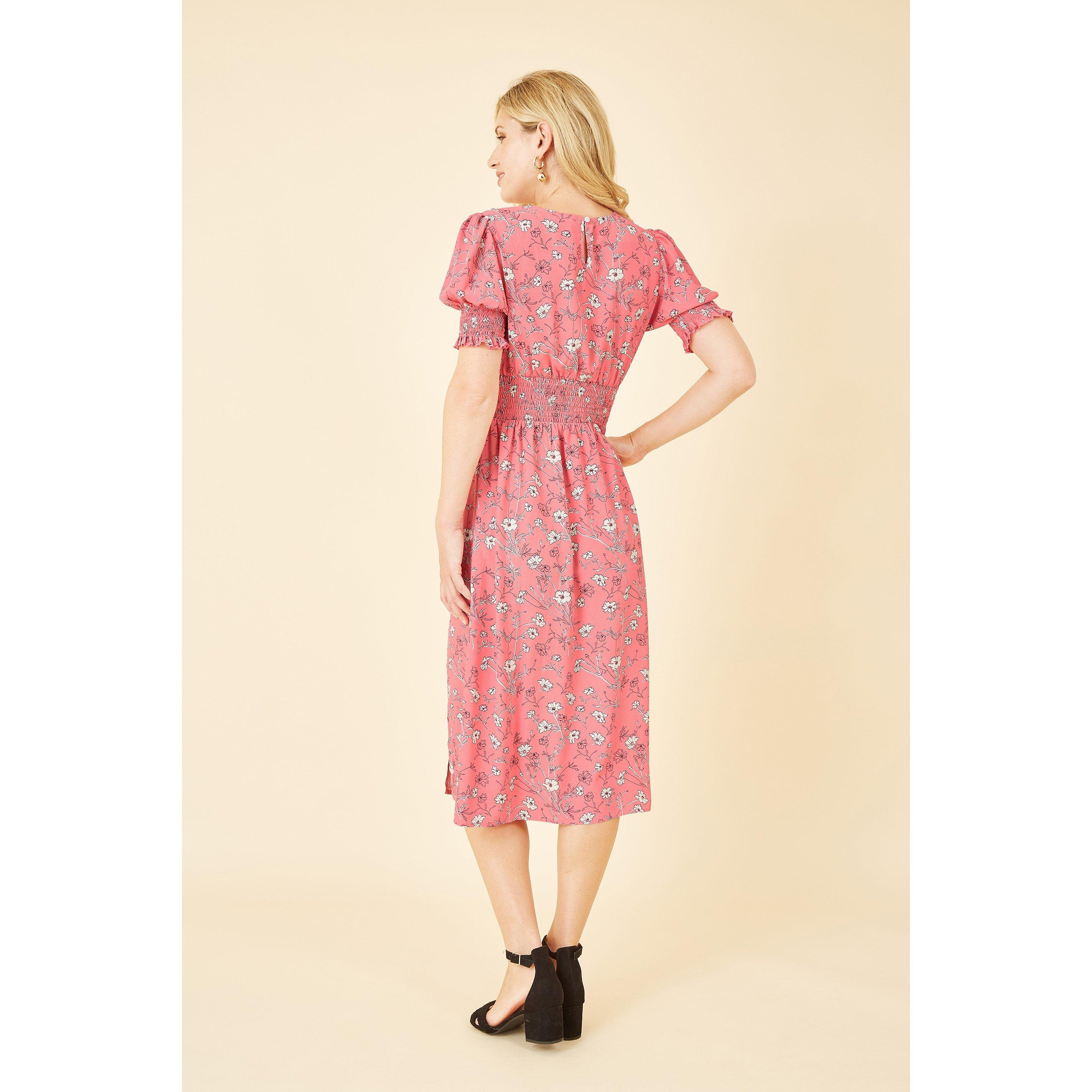 Pink - Mela London - Pink Floral Ruched Waist Midi Dress - 3