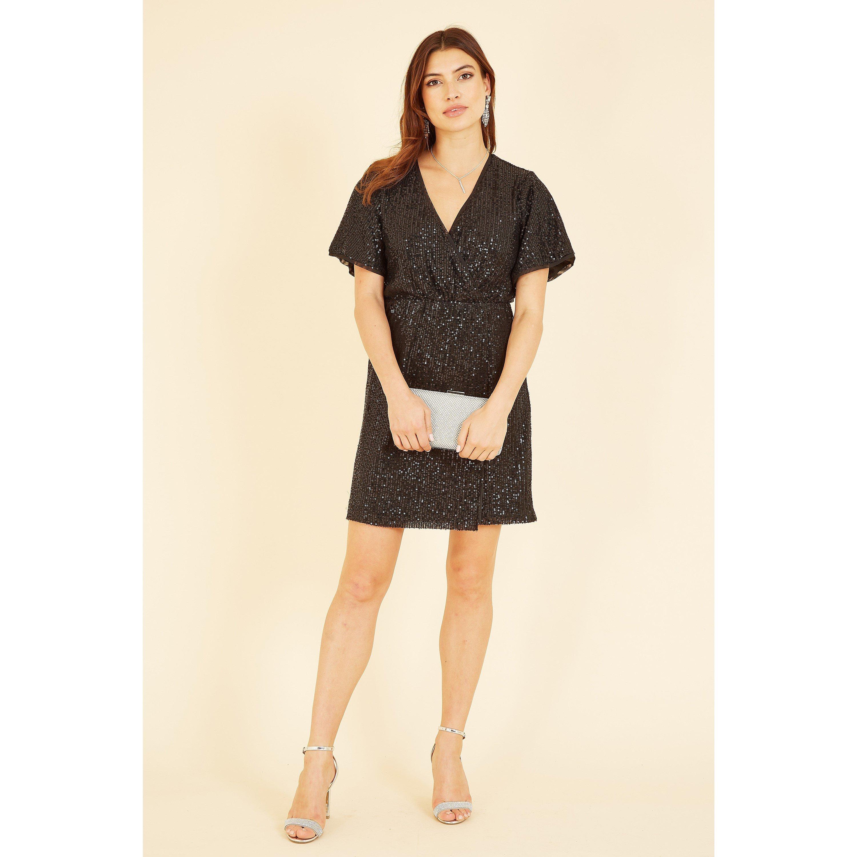 Black - Mela London - Black Sequin Kimono Sleeve Wrap Dress - 2